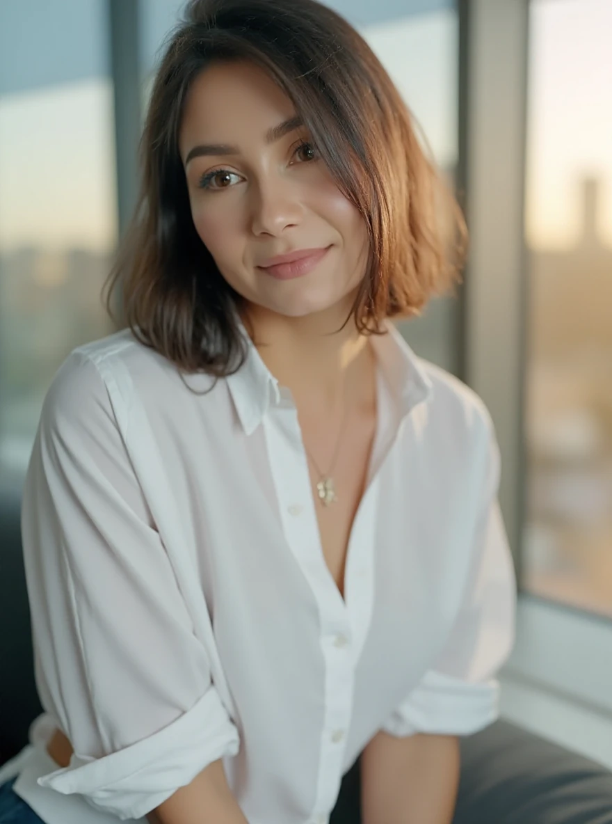 portrait of al3j4st0rm woman, posing on a office, glass window, serene and warm, natural lighting, soft focus, high-resolution, elegant and introspective atmosphere, quiet sophistication, wearing a white shirt all buttons closed, slight smile, makeup

