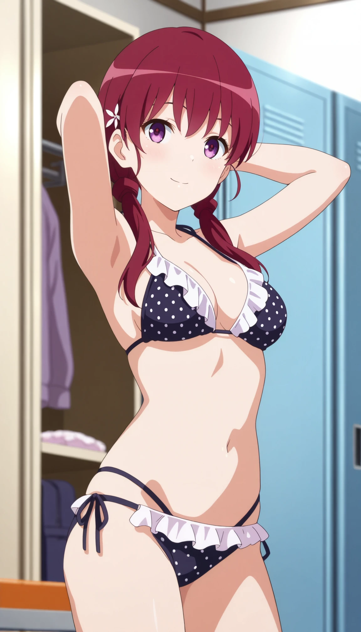 masterpiece,1girl,smile,light smile,,Izumi <lora:IL-Izumi:1> ,red hair,twintails,long hair,purple eyes,hair ornament,low twintails,string bikini, frilled bikini bottom,multi-strapped bikini bottom,polka dot,
looking at viewer, depth of field,changing room, locker room,arms behind head