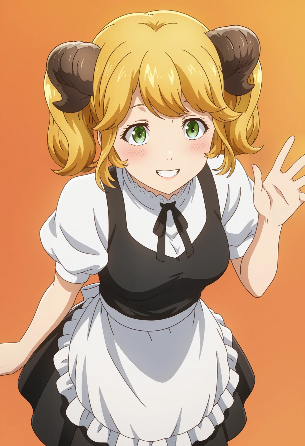 masterpiece, best quality, amazing quality, anime coloring, anime screencap, solo, 1girl,  <lora:DX888AlettaIL:1>aletta, twintails, green eyes, blonde hair, twintails, horns, black dress, puffy sleeves, white shirt, black ribbon, waist apron, maid,   grin,  blush   BREAK (simple background:1.2),  orange  background gradient background,    waving, from above,