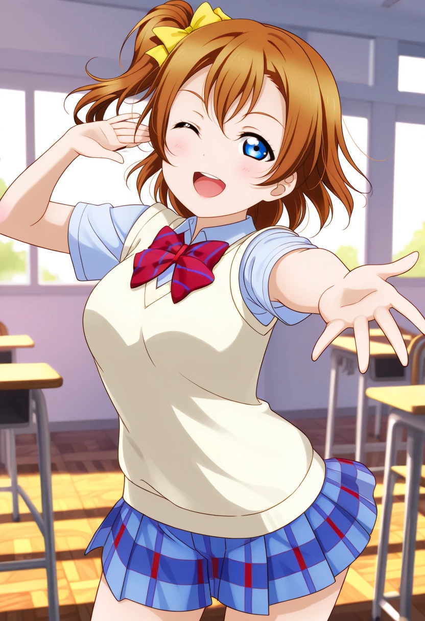 masterpiece, best quality, 1girl, solo, cowboy shot, <lora:ill_lv_honoka:1>, lovelive_honoka, cowboy shot, sweater vest, short sleeves, blue plaid skirt, red stripe bowtie, breasts, one side up, yellow hair bow, short hair, brown hair, blue eyes, looking at viewer, smile, one eye closed, open mouth, dynamic pose, classroom, indoors