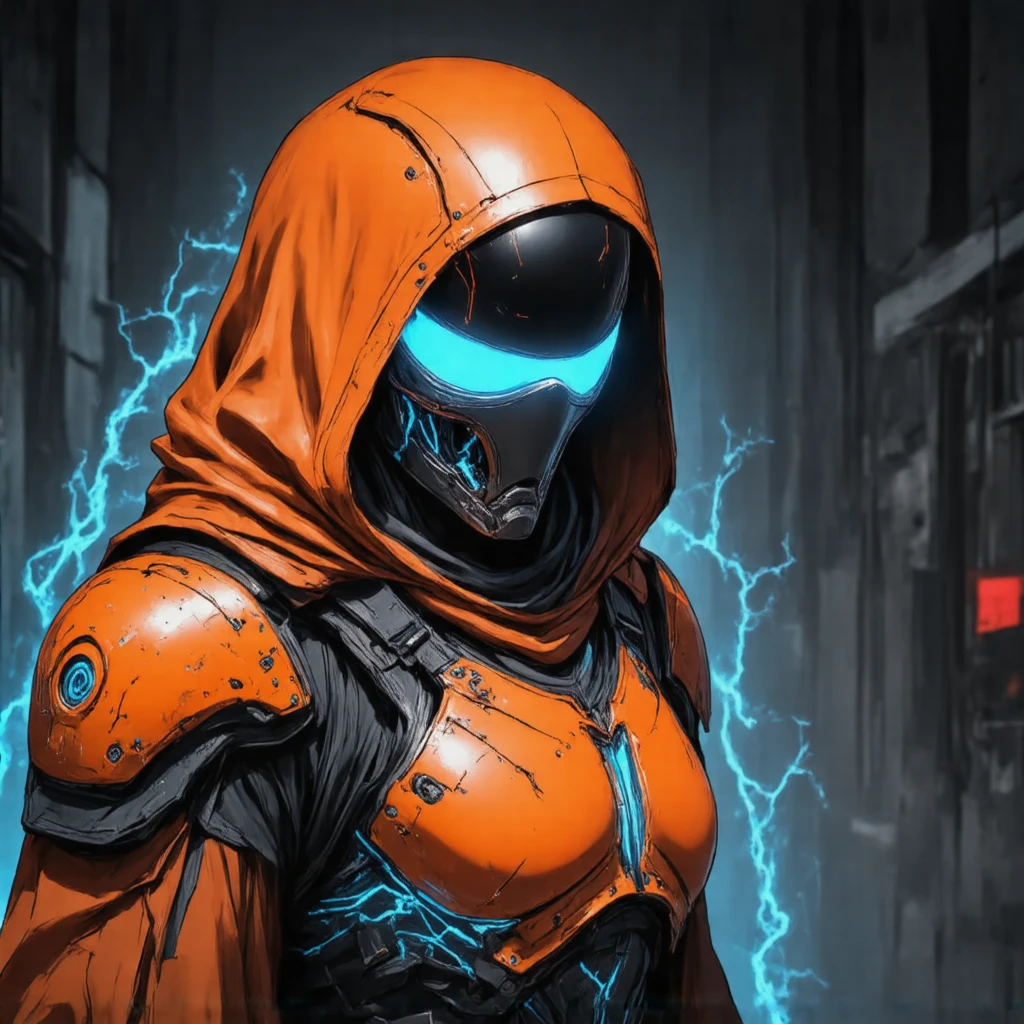 oren-bot-mmxxiv, a digital illustration in a stylized futuristic cyberpunk art style. The subject is a humanoid figure likely a soldier or mercenary dressed in high-tech orange and black armor with glowing blue accents. The armor features a hooded cloak that drapes over the figure's head with the hood pulled up obscuring the face except for the glowing blue visor that covers the eyes giving a robotic or cybernetic appearance. The visor's glow casts a bright ethereal light on the armor highlighting the intricate details and textures.