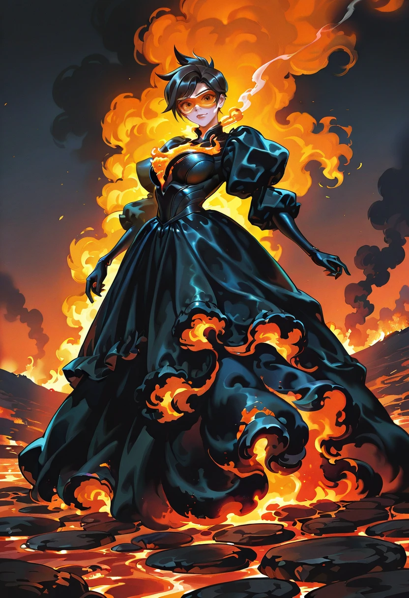 1girl,solo,looking at viewer,ikeda ruriko, lava gown, black dress, molten rock, fire, smoke, tracer (overwatch)