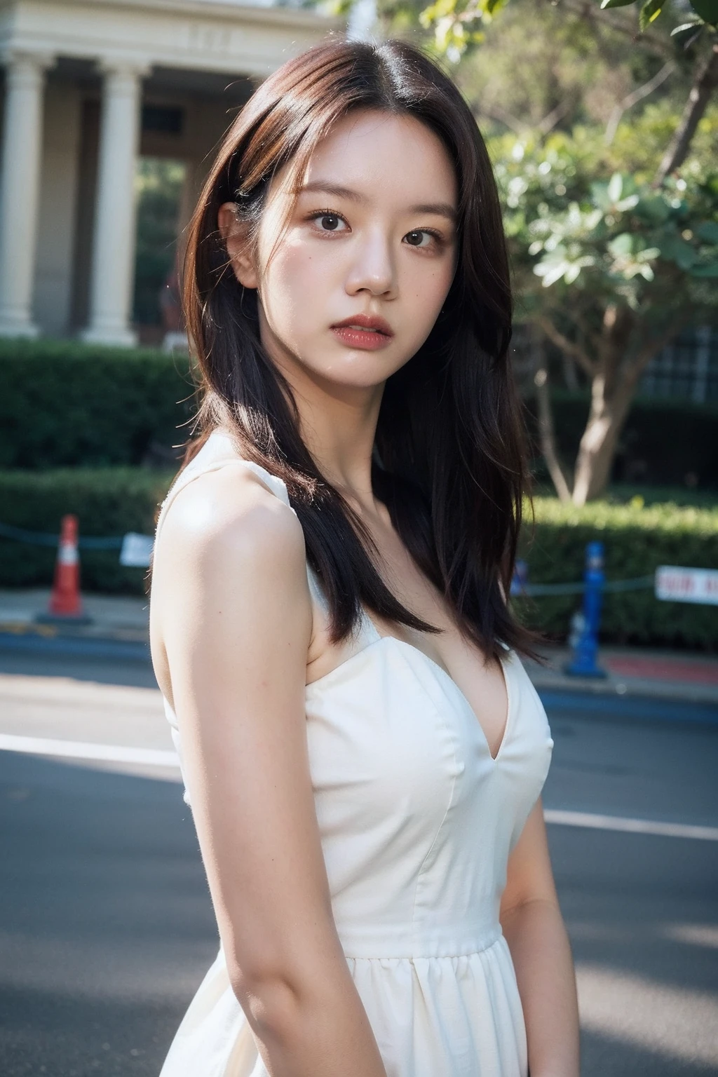 Best quality, masterpiece, ultra high res, (photorealistic), raw photo,1girl, skinny, upper body,solo, realistic, looking at viewer, outdoor, formal dress, long wavy hair, <lora:makina69_hyeri_v1.0:1>