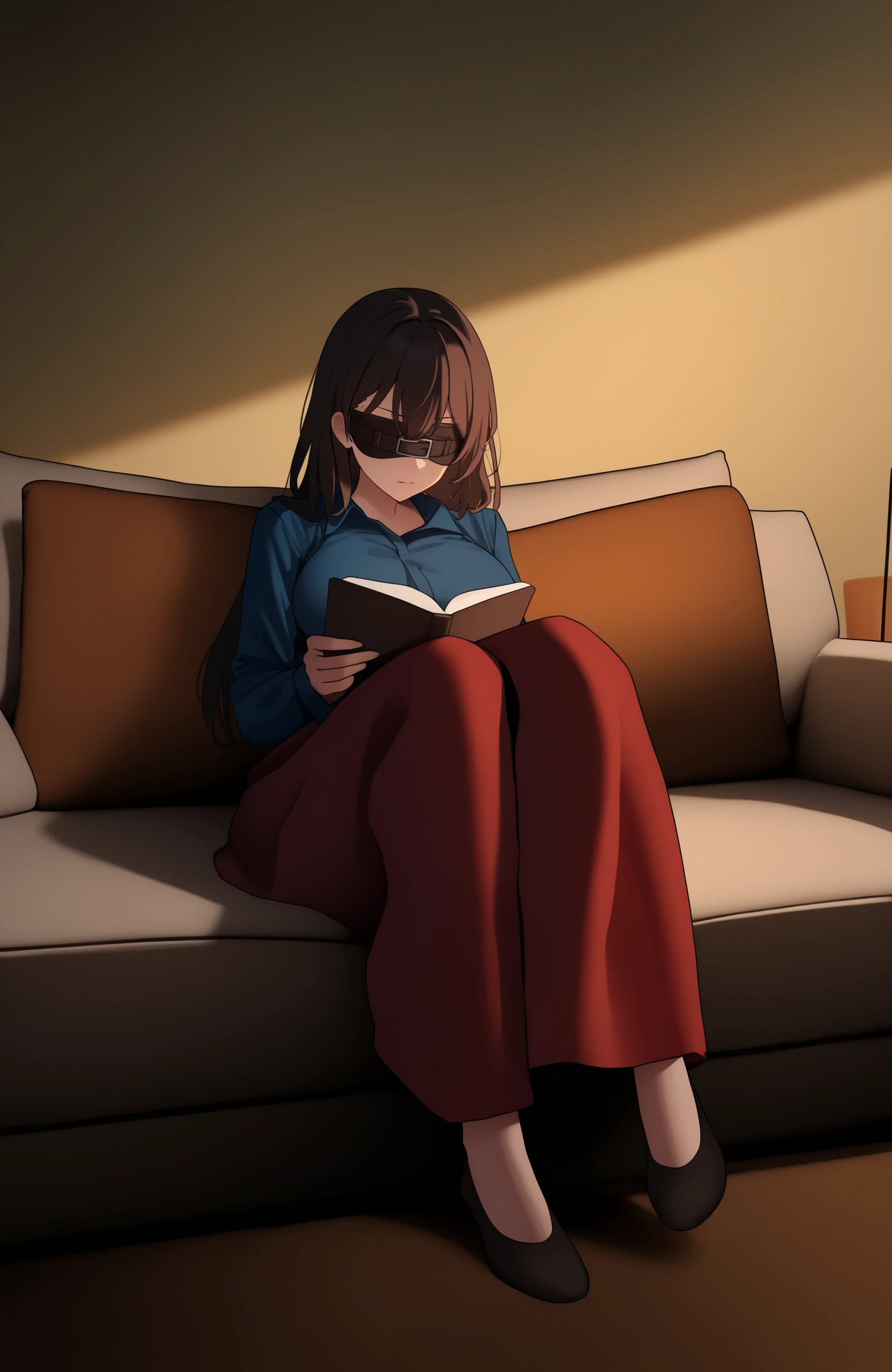 masterpiece, best quality, 1girl,  <lora:blindfold-illus:1>, blindfold, full body, indoors, sitting, living room, on couch, reading