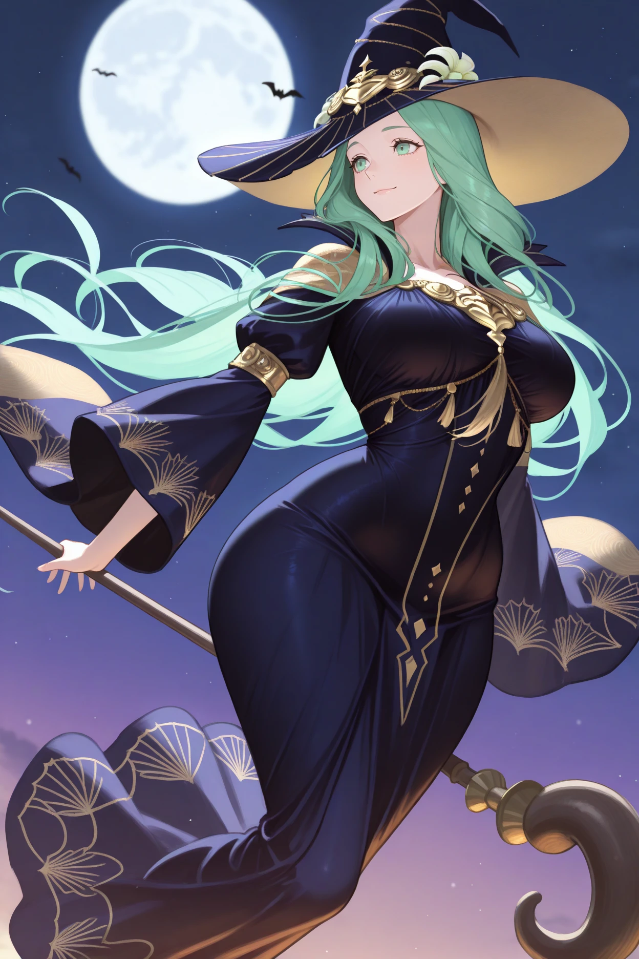 masterpiece, best quality, 1girl, solo, <lora:ferhea-illu-nvwls-v1-000005:1> hwnrh3a, green hair, long hair, green eyes, witch hat, gold brooch, halloween costume, high collar, gold trim, dark blue dress, wide sleeves, wide hips, flying, night sky, moon, riding on broomstick, flying, happy