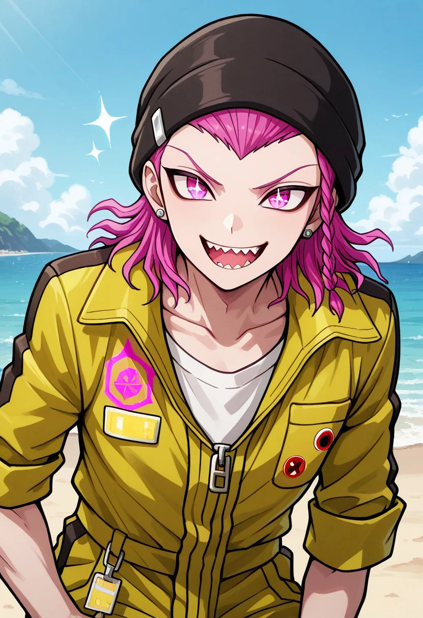 masterpiece, best quality, 
weslie, 1boy, male focus, solo, pink eyes, pink hair, medium hair, braid, side braid, bangs, hat, black hat, beanie, jewelry, earrings, collarbone, jumpsuit, yellow jumpsuit, shirt, white shirt, sleeves rolled up,smile, open mouth, sharp teeth, sparkling eyes,
outdoor, sky, beach,