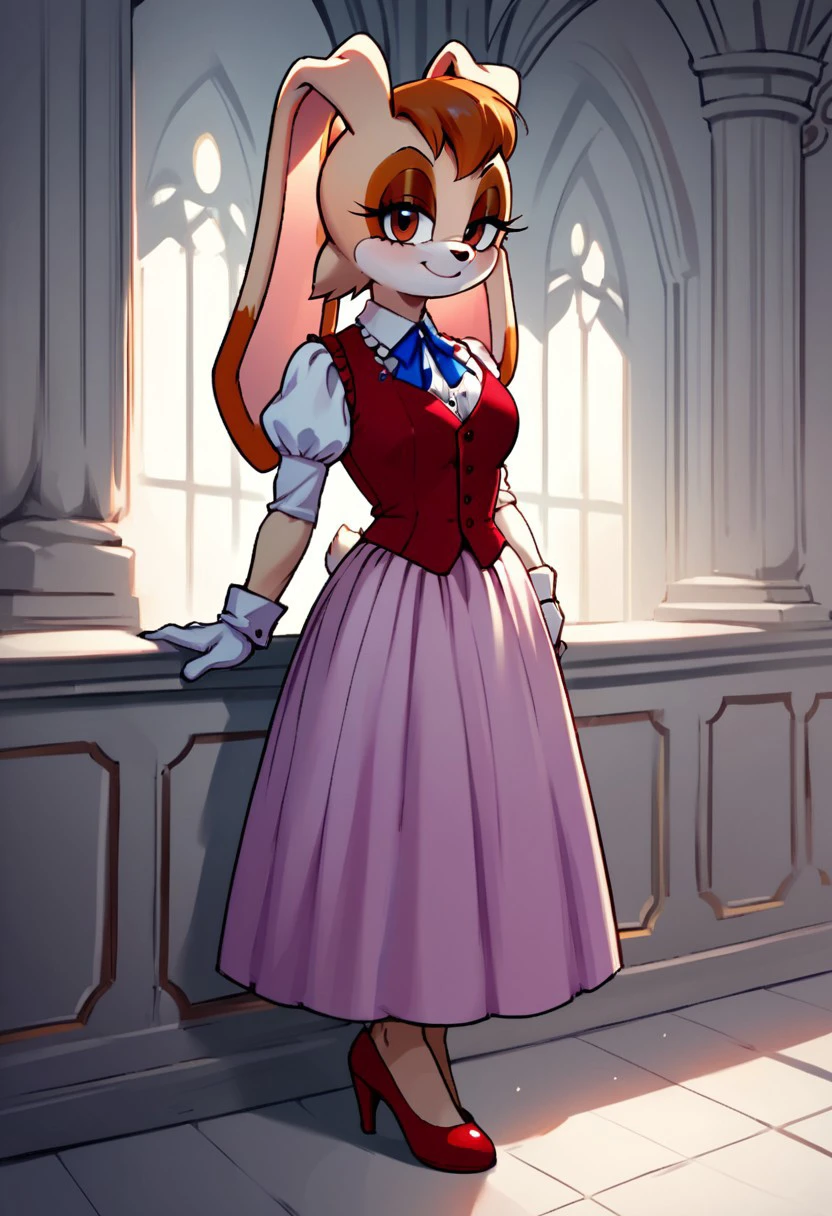 score_9, score_8_up, score_7_up, score_6_up, score_5_up, score_4_up, source_furry, VanillaTheRabbit, Vanilla The Rabbit, 1girl, solo, full body, focus, anthropomorphic rabbit, Victorian outfit, red vest, white blouse, puffed sleeves, blue ribbon, lavender skirt, white hemline, red shoes, gold accents, white gloves, elegant, formal, vintage fashion, detailed fur, light brown hair, bangs, large ears, feminine, soft lighting, standing pose