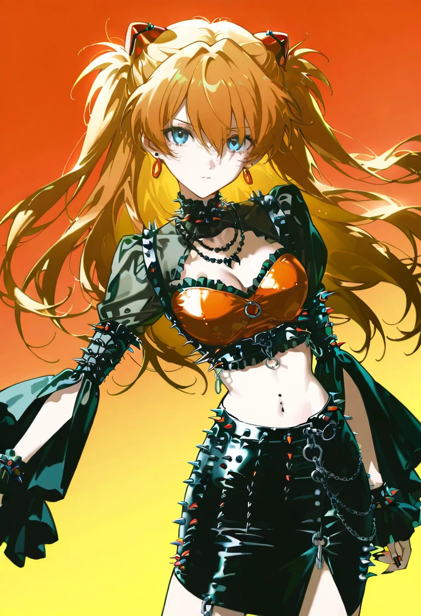 1girl,solo,looking at viewer,konya_karasue,y2k crop top, wide sleeves, skirt, spikes, frills, skirt, jewelry, necklace, midriff,souryuu_asuka_langley