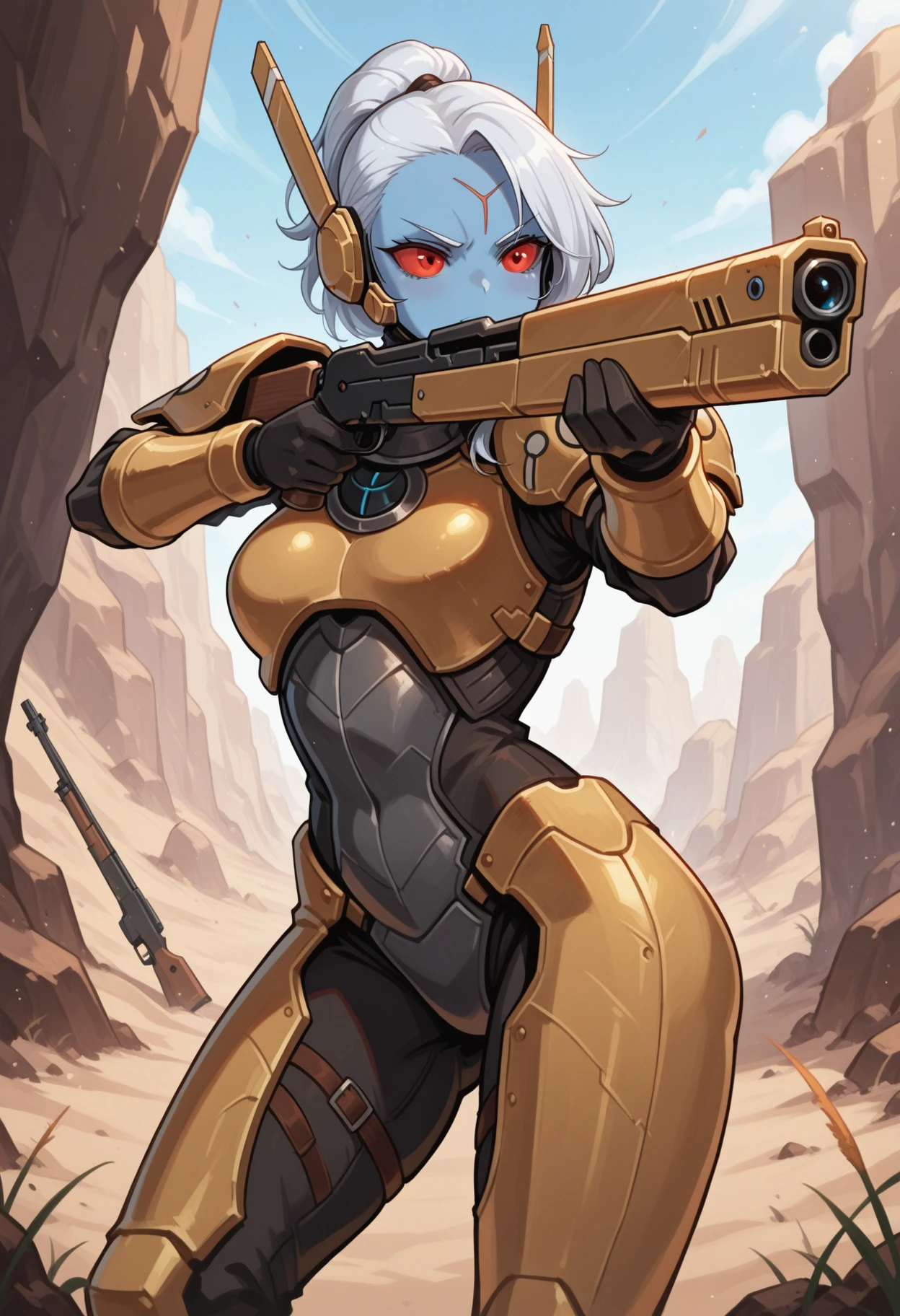 <lora:tau-il:1> tau-il
outdoors
1girl, blue skin, red eyes, armor, solo, boobplate, rifle, aiming, masterpiece, best quality