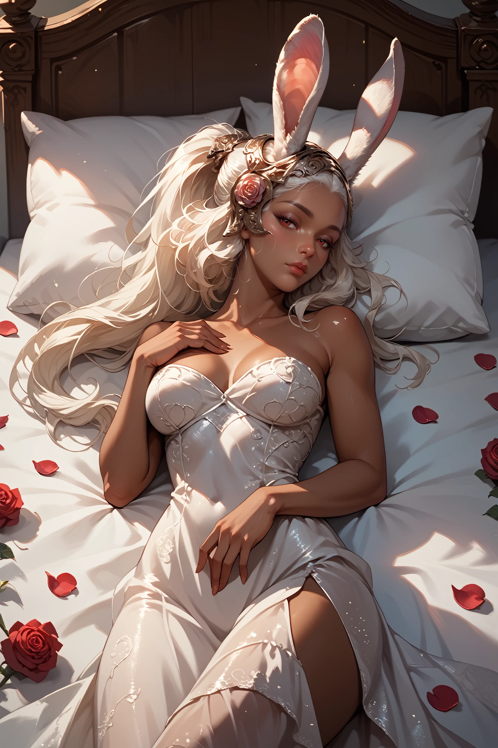 score_9, score_8_up, score_7_up, score_6_up
<lora:FFFran:0.8>
FFFran, 1girl, red eyes, rabbit ears, dark skin, white hair, long hair, ponytail, helmet, looking at viewer, sleeping in a bed, rose petals, silk dress