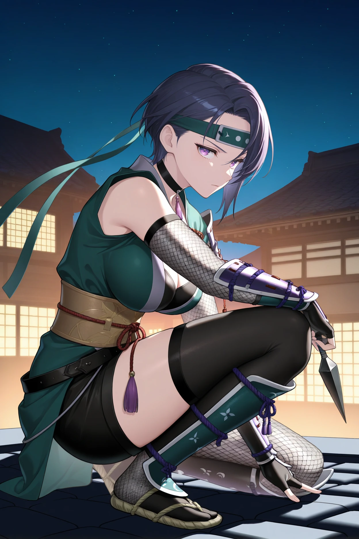 masterpiece, best quality, 1girl, solo, <lora:feshamir-illu-nvwls-v1-000005:1> ninshmr, dark blue hair, short hair, purple eyes, green headband, black choker, tassel, ninja outfit, japanese clothes, sleeveless, fishnets, green clothes, japanese armor, bracers, sash, belt, black shorts, asymmetrical legwear, black thighhigh, fishnet pantyhose, black gloves, fingerless gloves, big breasts, squatting, from side, wide shot, holding kunai, serious, rooftop, japanese architecture, night, starry sky, looking at viewer