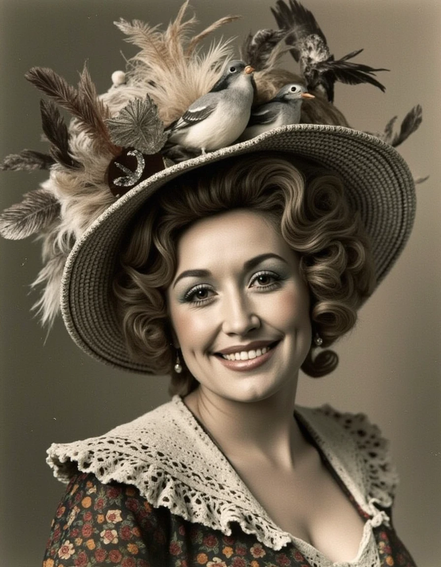 <lora:dolly-parton-flux:1.1> young woman posing for a funny portrait wearing a giant ridiculous hat with feathers and leaves and birds