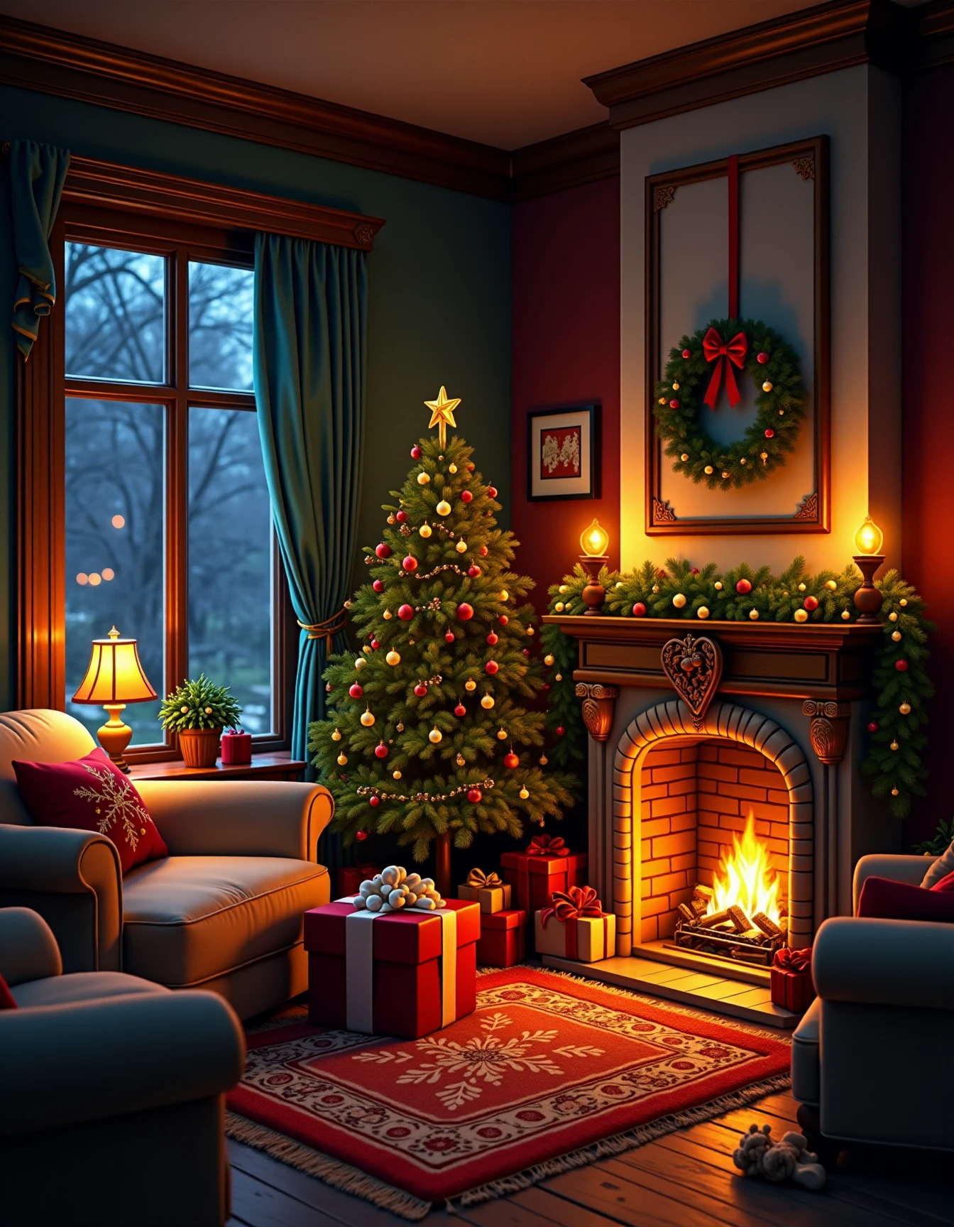 lora:JJsChristmasRoom_Flux:1>, ((christmas room)),,masterpiece, best quality, ceiling light, , indoors, lamp, no humans, pillow, scenery, sofa, vase, window, candle, christmas, christmas ornaments, christmas tree, cup, cushion, door, fire, fireplace, gift box, rug, scenery, table, tree, window, night,,  <, product photography, crisp details, clean composition, attention to detail, professional lighting, precise focus, appealing aesthetics, capturing textures, high-quality imagery, commercial appeal, creative presentation