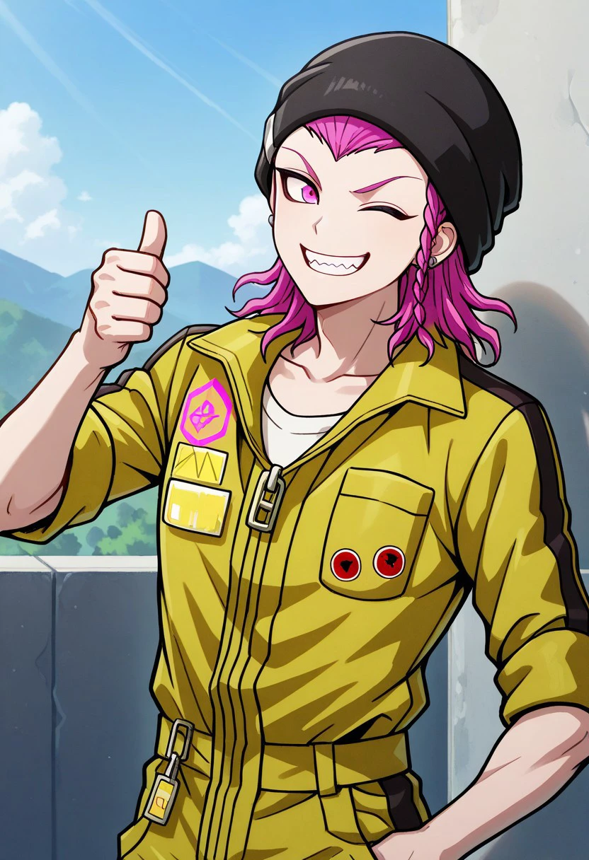 masterpiece, best quality, 
weslie, 1boy, male focus, solo, pink eyes, pink hair, medium hair, braid, side braid, bangs, hat, black hat, beanie, jewelry, earrings, collarbone, jumpsuit, yellow jumpsuit, shirt, white shirt, sleeves rolled up,smile, grin, one eye closed, thumbs up,
outdoor, sky,