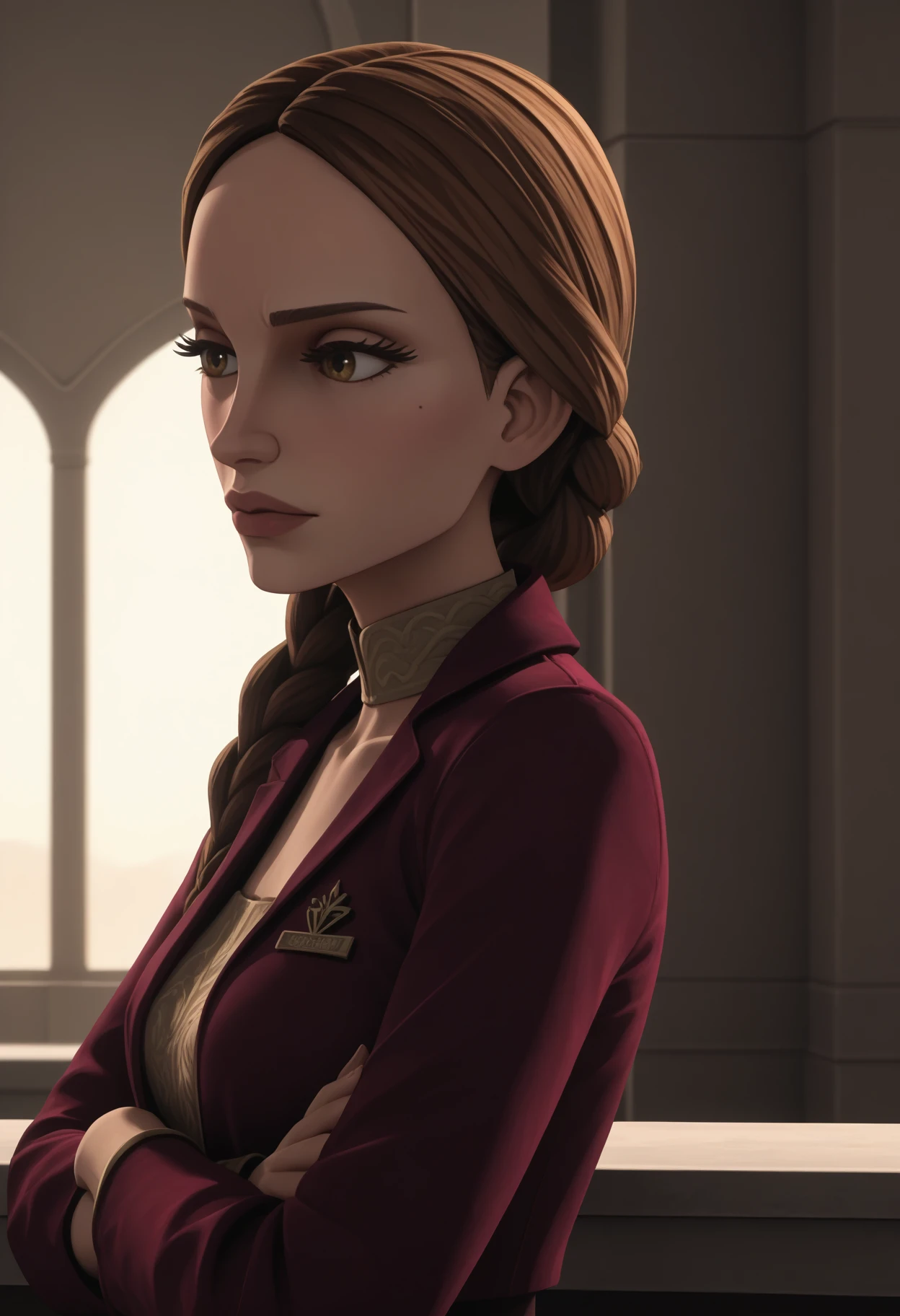 score_9, score_8_up, score_7_up, score_6_up, score_5_up, <lora:NM_padme_swcw:1>, BREAK NM_padme_swcw, 1girl, solo, long hair, brown hair, braid, from side, crossed arms, indoors