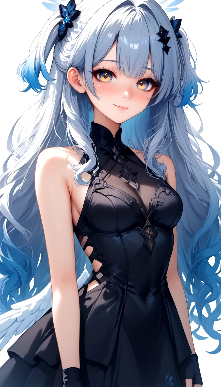1girl, gray eyes, long hair, multicolored hair, black hair, sidelocks, blue hair, wavy hair, eyeliner, black bunny suit, leotard, leggings, fake bunny ears, blush, embarrassed, crossed arms, looking away, pout, black background, sharp focus, masterpiece, score_9, score_8_up, score_7_up