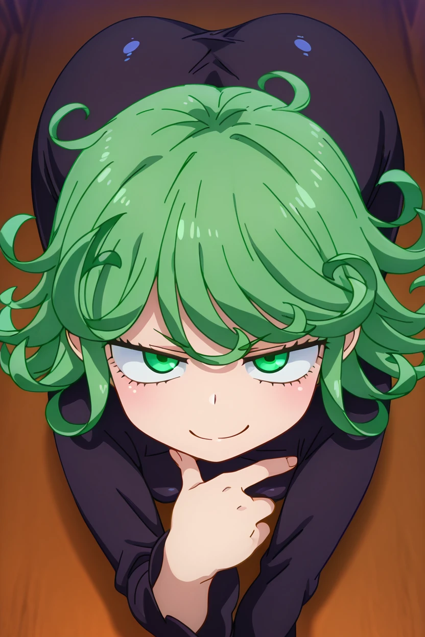 masterpiece, best quality, 1girl, solo, beautiful eyes, zzTatsumaki, green eyes, green hair, black dress, smile, smug, <lora:TatsumakiIXL:1.0>, <lora:Ishuzoku_Reviewers_IXL:1.0>, from above, dynamic pose, cowboy shot, smile, looking at viewer, shiny skin,