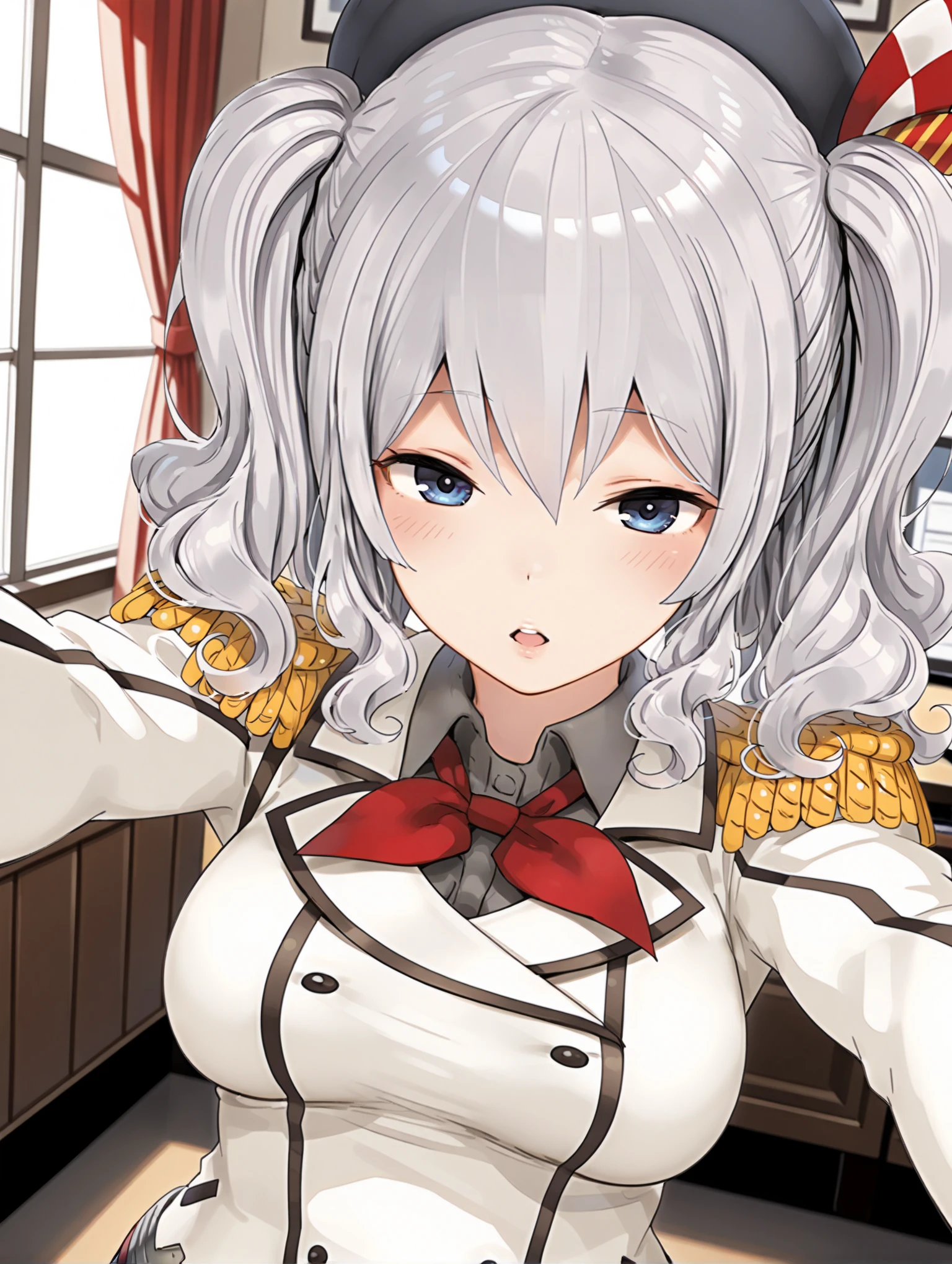 masterpiece,best quality,amazing quality,1girl,solo,
<lora:kashima_ilxl_v1.1:1>,kashima,k_hat,black beret,k_clothes,
<lora:Fixhands_anime_bdsqlsz_V1:1>,looking_at_viewer,upper_body,face_focus,dynamic_angle,cinematic_angle,cocked eyebrow,reaching,pov,gloves,office,curtains,open mouth,upper_teeth,light_blush,blush,outstretched_arms,from_above,imminent_kiss,parted lips,thinner,