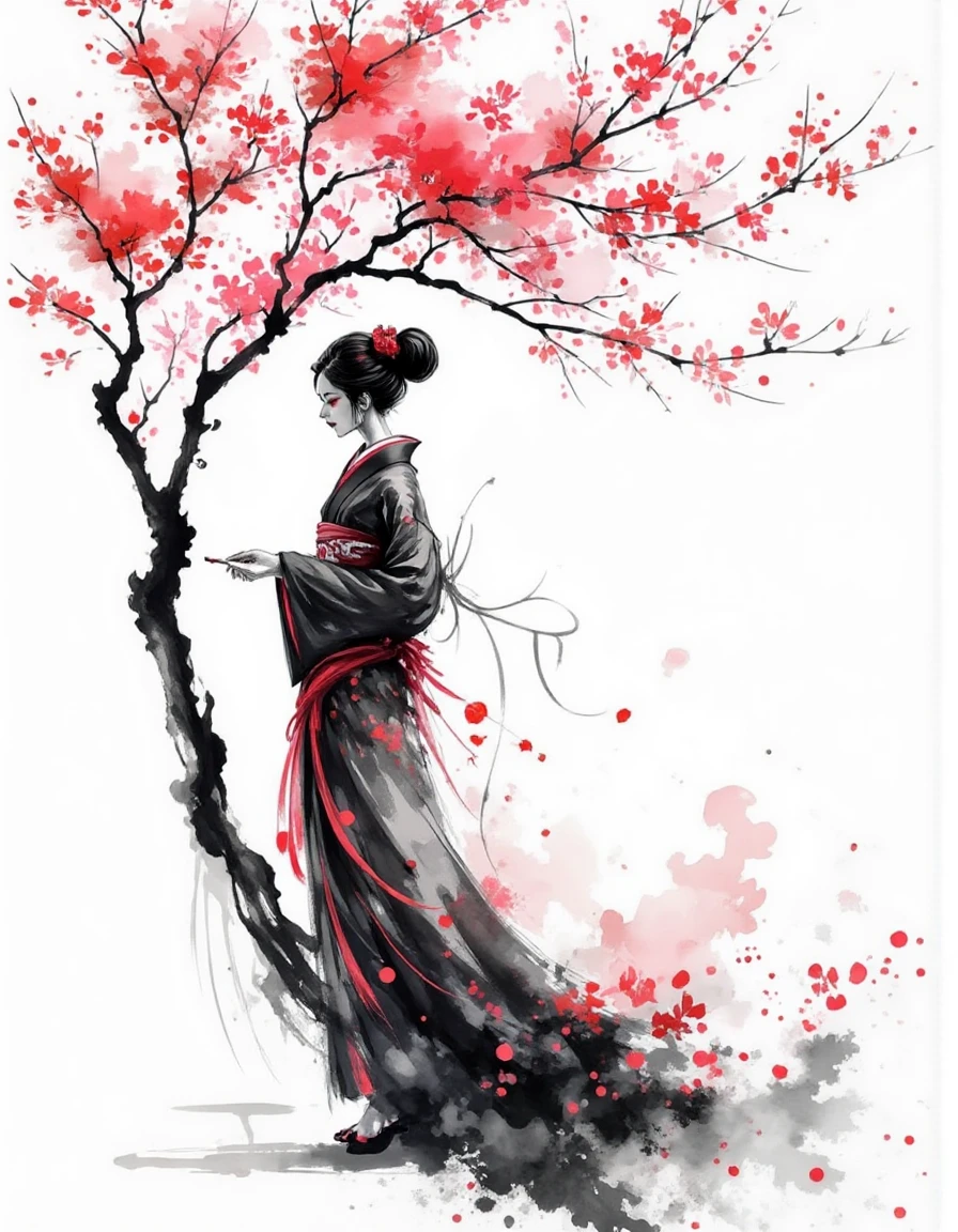 dismrt style, a woman in a long dress standing underneath a cherry blossom tree, above the woman is "Mystic Sumi" in brushstroke font, <lora:mystic-sumi_v40:1>