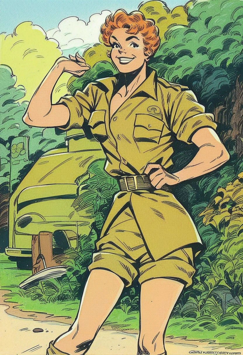 score_9_up, score_8_up, score_7_up, score_6_up, 1girl, solo, short orange hair, military uniform, belt, brown shorts, brown footwear, standing to attention, outdoors, in an army camp, sweet smile, looking at viewer, (traditional media), (painted art)