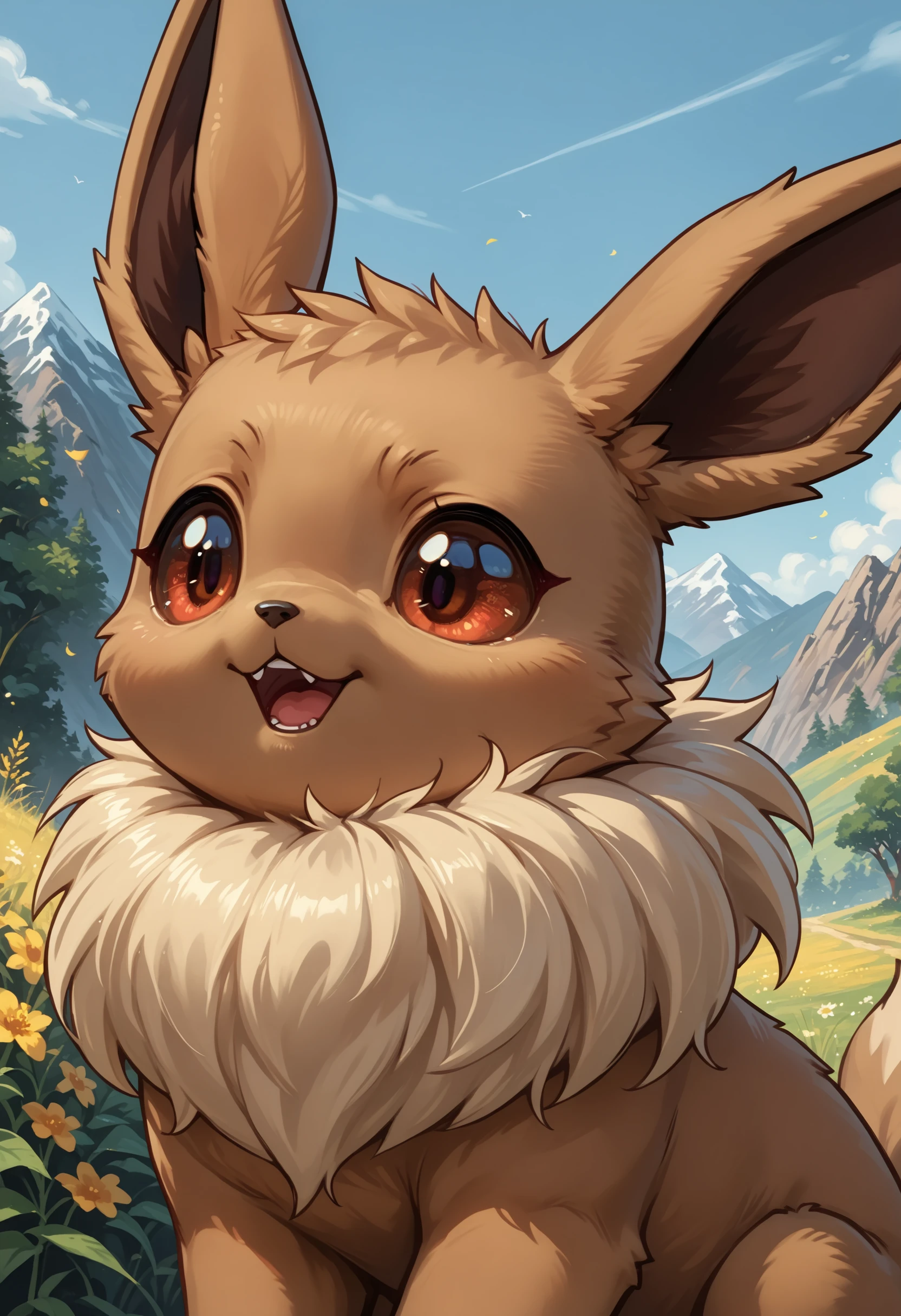 PonyXLV6_Scores source_anime, solo, eevee, feral, upper body, solo focus, headshot, (pog:1.1), open mouth, portrait, (looking to the side:1.05), chibi, mountain meadowâââ