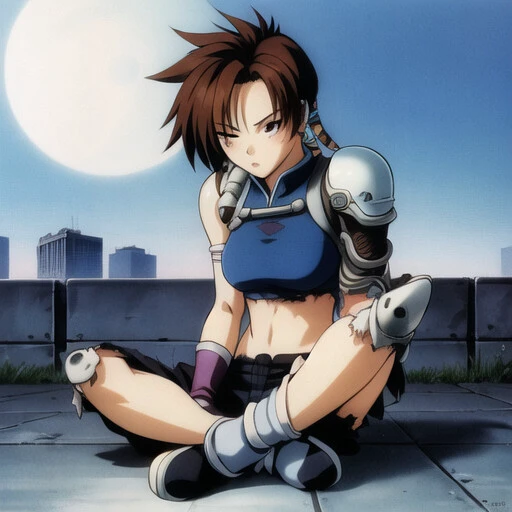 iria \(iria zeiram the animation\), iria zeiram the animation, 1girl, solo, torn clothes, torn legwear, 1990s \(style\), full body, sitting, short hair, bangs, brown hair