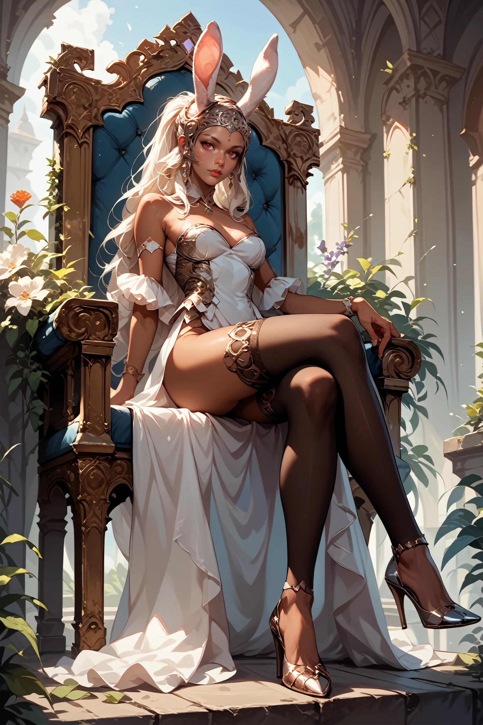 score_9, score_8_up, score_7_up, score_6_up
<lora:FFFran:0.8>
FFFran, 1girl, red eyes, rabbit ears, dark skin, white hair, long hair, ponytail, helmet, looking at viewer, sitting on a throne, legs crossed, thigh highs, high heels, dress, jewelry