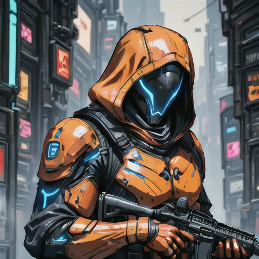 oren-bot-mmxxiv, a digital illustration in a stylized futuristic cyberpunk art style. The subject is a humanoid figure likely a soldier or mercenary dressed in high-tech orange and black armor with glowing blue accents. The armor features a hooded cloak that drapes over the figure's head with the hood pulled up obscuring the face except for the glowing blue visor that covers the eyes giving a robotic or cybernetic appearance. The visor's glow casts a bright ethereal light on the armor highlighting the intricate details and textures.