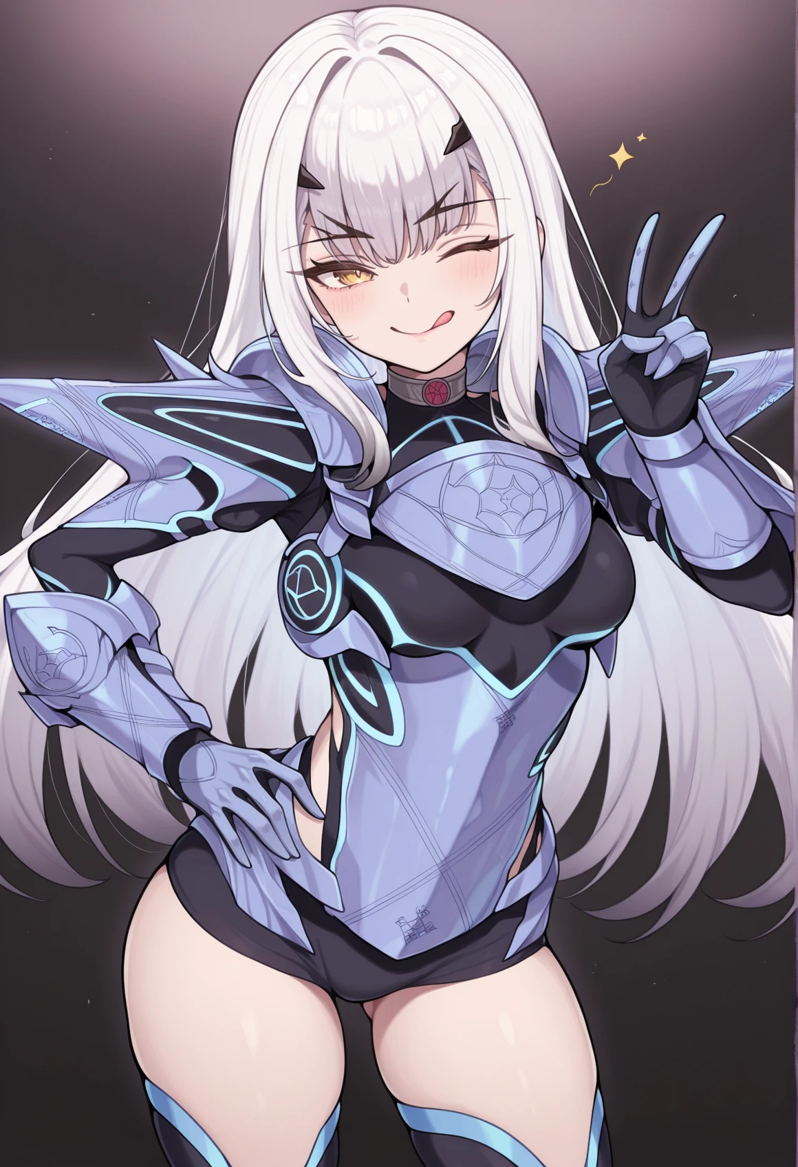 double v, 1girl, solo, forked eyebrows, white hair, long hair, gradient hair, yellow eyes, v-shaped eyebrows, armor, shoulder pads, gauntlets, (v), tongue out, wink, looking at viewer, hand on own hip, victory  <lora:Melusine_illus:1>, masterpiece, best quality, amazing quality, very aesthetic, absurdres, highres, newest