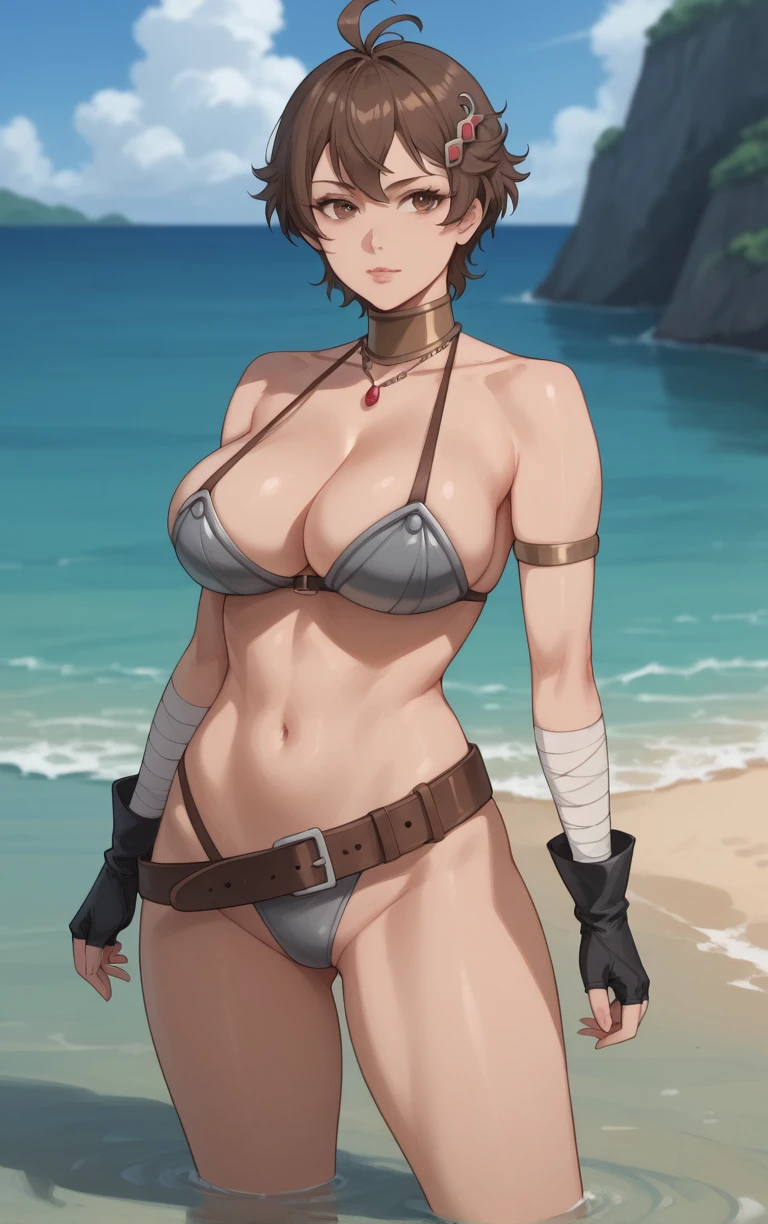 score_9, score_8_up, score_7_up, BREAK 
MainOutfit_Vierra_ownwaifu, 
1girl, brown eyes, brown hair, short hair, large breasts, antenna hair, bangs, toned, lips, thighs, 
bikini armor, gem, hair ornament, hairclip, neck ring, cleavage, bare shoulders, navel, fingerless gloves, swimsuit, black gloves, belt, jewelry, armlet, choker, bandages, collarbone, bandaged arm, sheath, brown belt, necklace, gloves, midriff, obliques, buckle, highleg, armband, belt buckle, highleg bikini, metal collar
 (wading, beach), head tilt, sidelighting, ocean, sky, water, caustics, cowboy shot, <lora:PONYXL_MushokuTensei_Vierra_ownwaifu:0.8> , depth of field, solo,