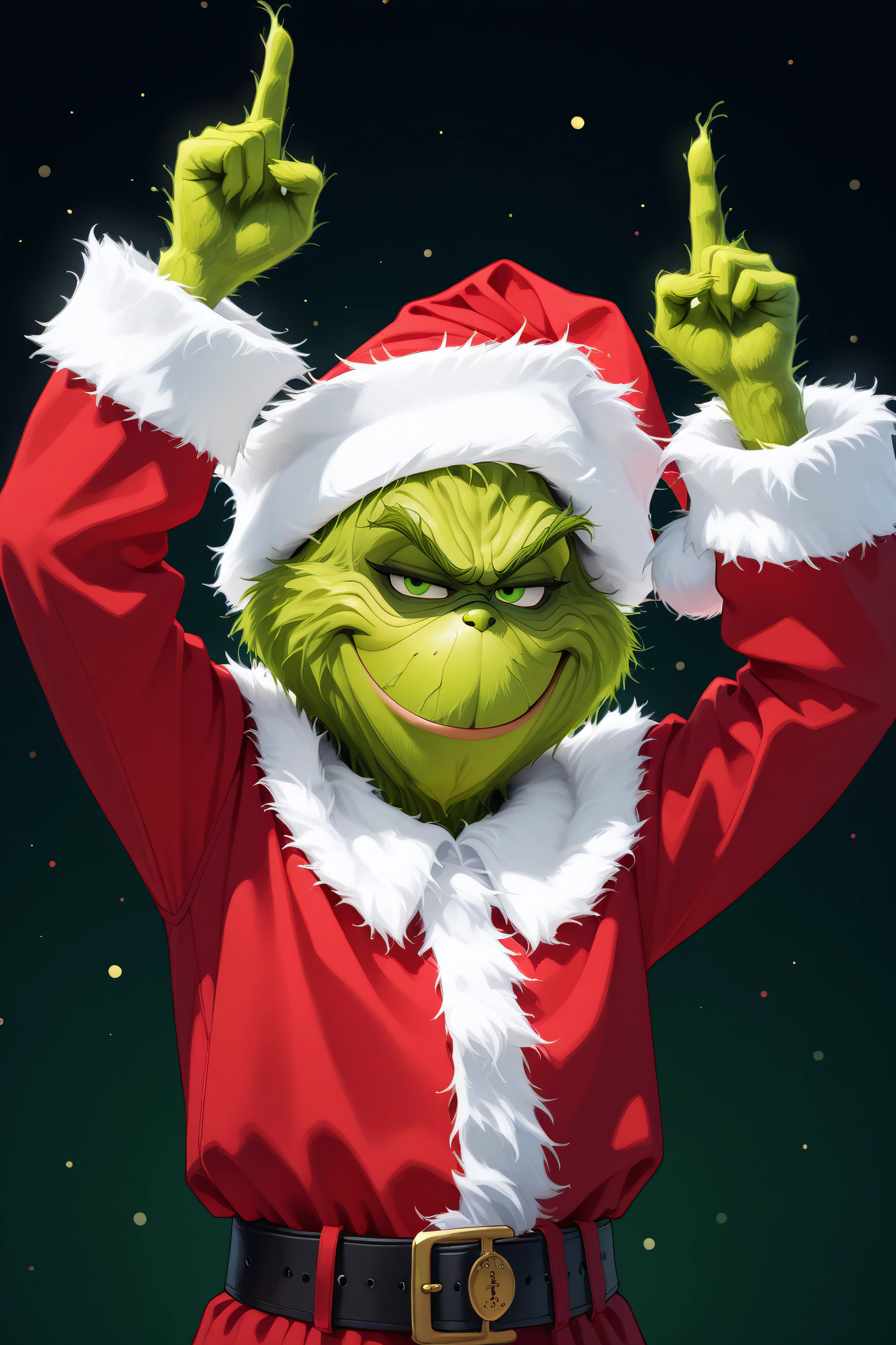 masterpiece, best quality, <lora:The Grinch-Illustrious-lora-Faxtron:1> the grinch, green eyes, santa hat, santa costume, belt,  <lora:colombia-pose-ponyxl-lora-nochekaiser:1> colombia pose, colombia pose (meme), meme, raised fists, victory pose, arms up, smile, smug,,