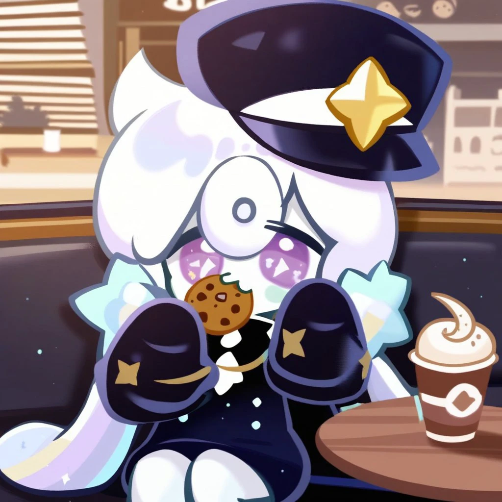 milky way, white hair, purple eyes, shirt, hat, sitting, cafe, cookie, eating