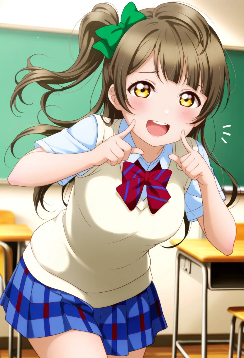 masterpiece, best quality, 1girl, solo, cowboy shot, <lora:ill_lv_kotori:1>, lovelive_kotori, cowboy shot, pointing at you, sweater vest, short sleeves, blue plaid skirt, red bowtie, breasts, grayish brown hair, green hair bow, bangs, one side up, long hair, amber eyes, looking at viewer, laughing, dynamic pose, classroom