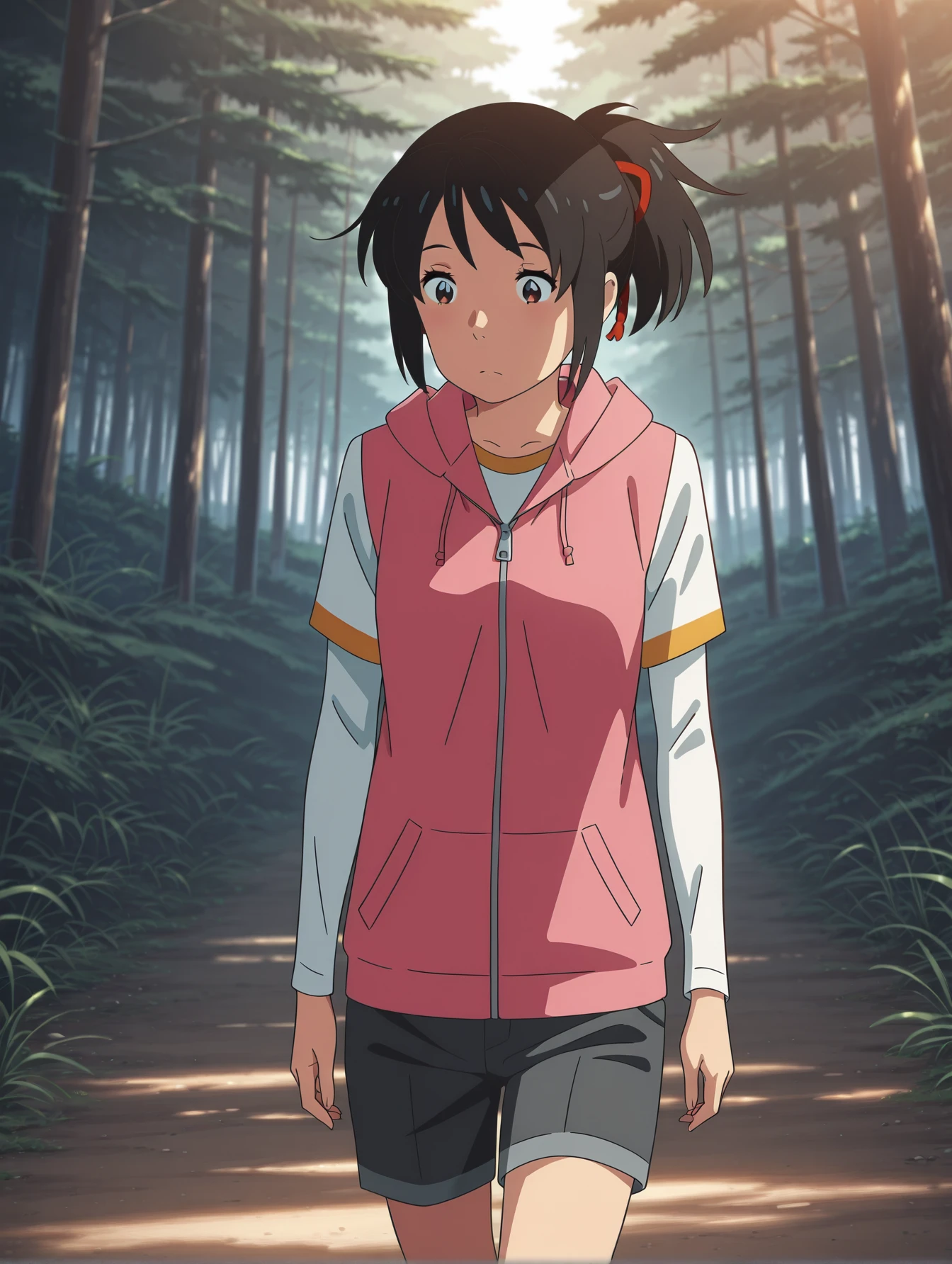 1girl, solo <lora:your-name-illustrious-000010:1> mitsuha, ponytail, pink hoodie, zipper, short over long sleeves, white sleeves, forest, path, walking, cowboy shot
masterpiece, best quality, cinematic lighting