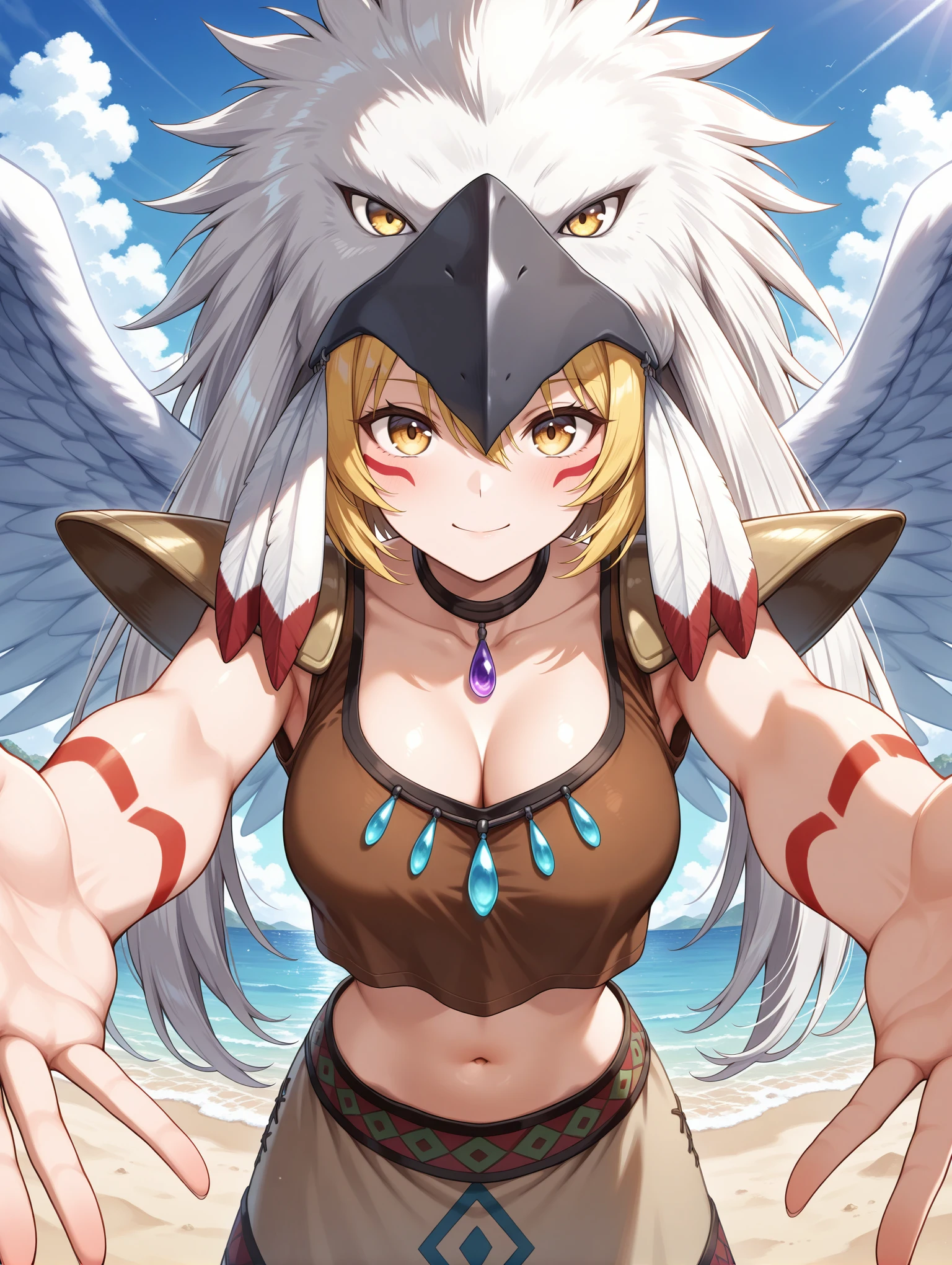 guardian eatos, 1girl, solo, navel, midriff, looking at viewer, outstretched arms, spread wings, smile, collarbone, cleavage, medium breasts, closed mouth, shoulder pads, brown crop top, brown long skirt, eagle hat, purple jewel necklace, facepaint
masterpiece,best quality,amazing quality,very aesthetic,absurdres,newest,<lora:Guardian Eatos illuXL v1:0.72>,