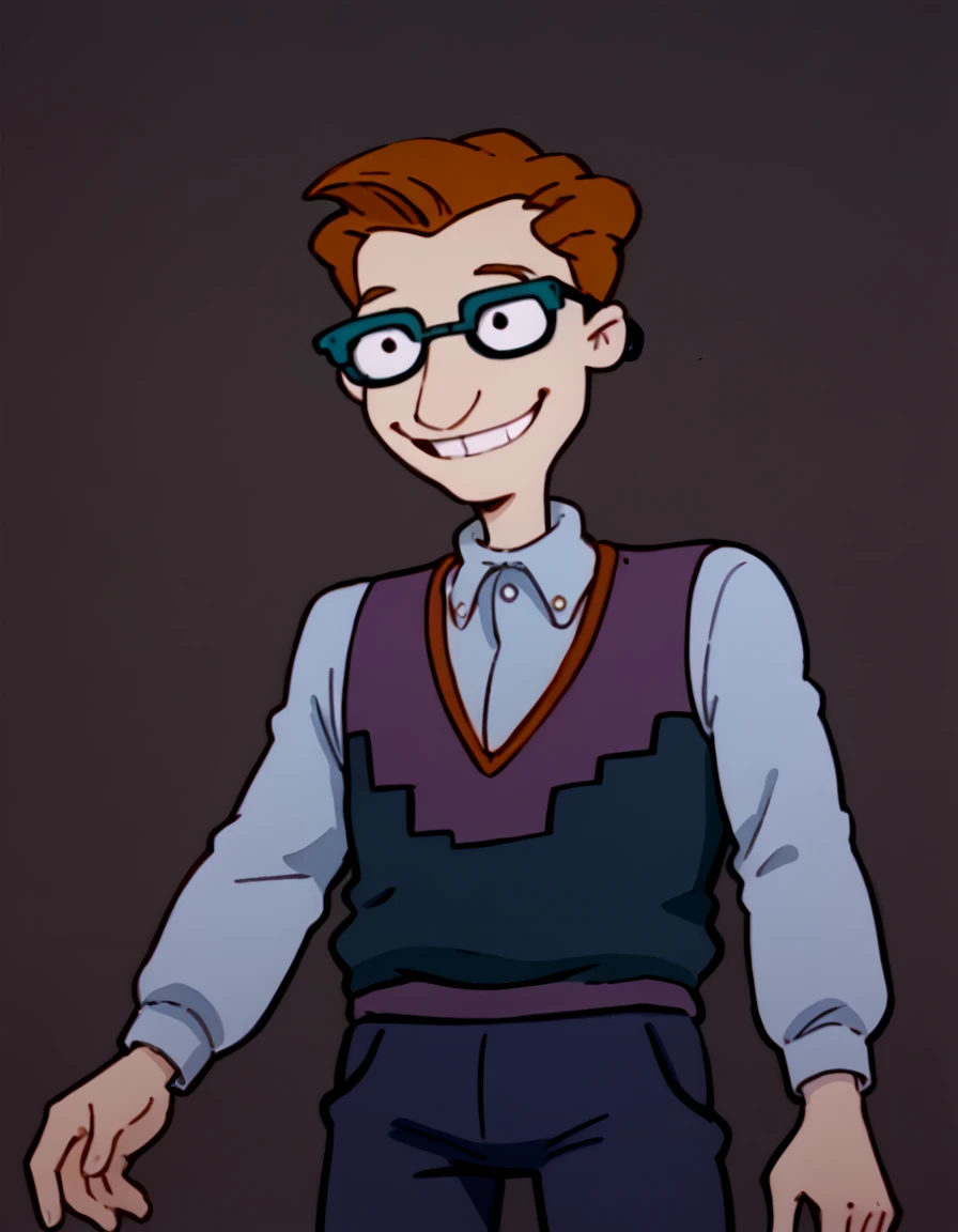 <lora:Dru_Pickles_PONY:1> 1boy, dru_pickles, solo, male focus, brown hair, short hair, blue-framed eyewear, vest, blue vest,  long sleeves, collared shirt, white shirt, pants, blue pants, shoes, portrait, smile,, source_cartoon, score_9, score_8_up, score_7_up, score_6_up, score_5_up, score_4_up,