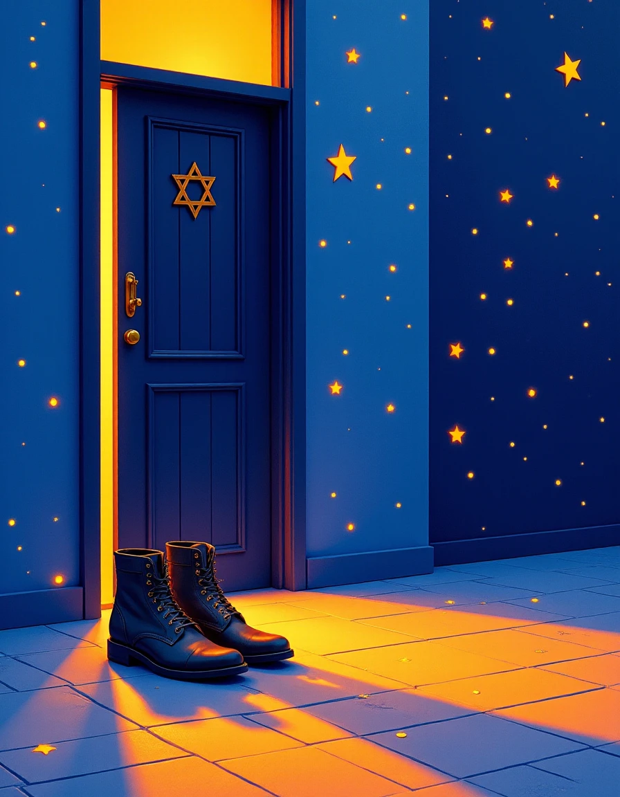 <lora:hanukkahcolors:1> hanukkahcolors, a pair of shoes left by the door