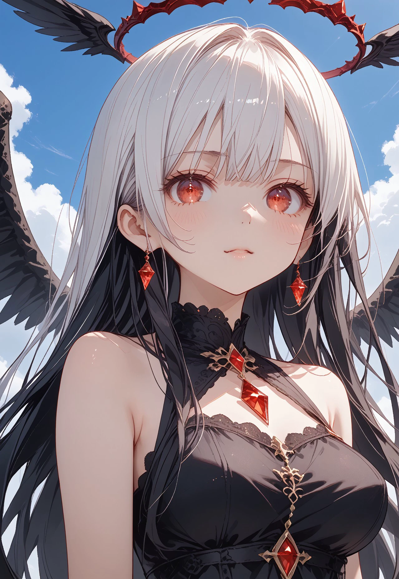 safe_pos, (Vizska Tachibana, perfect face, long hair, white Hair, black inner hair, multicolored black hair, expressive eyes, red eyes, red crystal eyes), perfect face, blushing, serious expression, perfect body, tall, white skin, big breasts, heaven, blue sky, daylight, wings, black wings, black dress, bare shoulders, Lying on the clouds, The lighting creates dramatic shadows and highlights, adding depth to the artwork, The perspective is taken from the top so that the character's situation is more visible, (masterpiece, detailed:1.2), (High Resolution), (More Details), (8K), (High Resolution), Aesthetic style, (glitter), soft anime, intricate colors, vibrant colors, color detail, ((Anime illustration)), ((Incarnate detail)), ((Masterpiece)), ((Highest quality)), easynegative, 