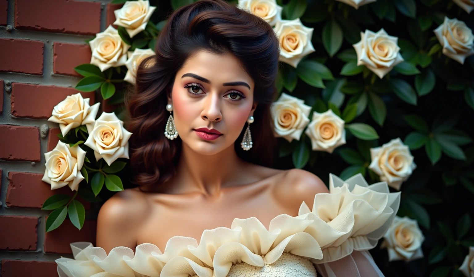 payalrajputukohwx  with voluminous, styled hair, adorned with a profusion of white roses.  Woman's face displays a serene expression, featuring delicate features and full lips.   She wears a full-length, off-the-shoulder dress, styled with lace and a delicate ruffling detail, rich in texture. The dress is detailed, almost romantic, with numerous rose arrangements holding it in place.  Large, dangling earrings with pearl accents adorn her ears, complementing the overall vintage aesthetic.  Her body language is poised and graceful, leaning slightly against a brick wall.  The background consists of a brick wall, contrasting with the soft tones of the roses. The scene is bathed in soft light, creating a romantic and nostalgic atmosphere.  The overall style suggests a classic, vintage portrait but rendered with a dramatic, somewhat ethereal quality.   The composition is centered on the woman, with the roses framing her, creating a soft focus effect. 
