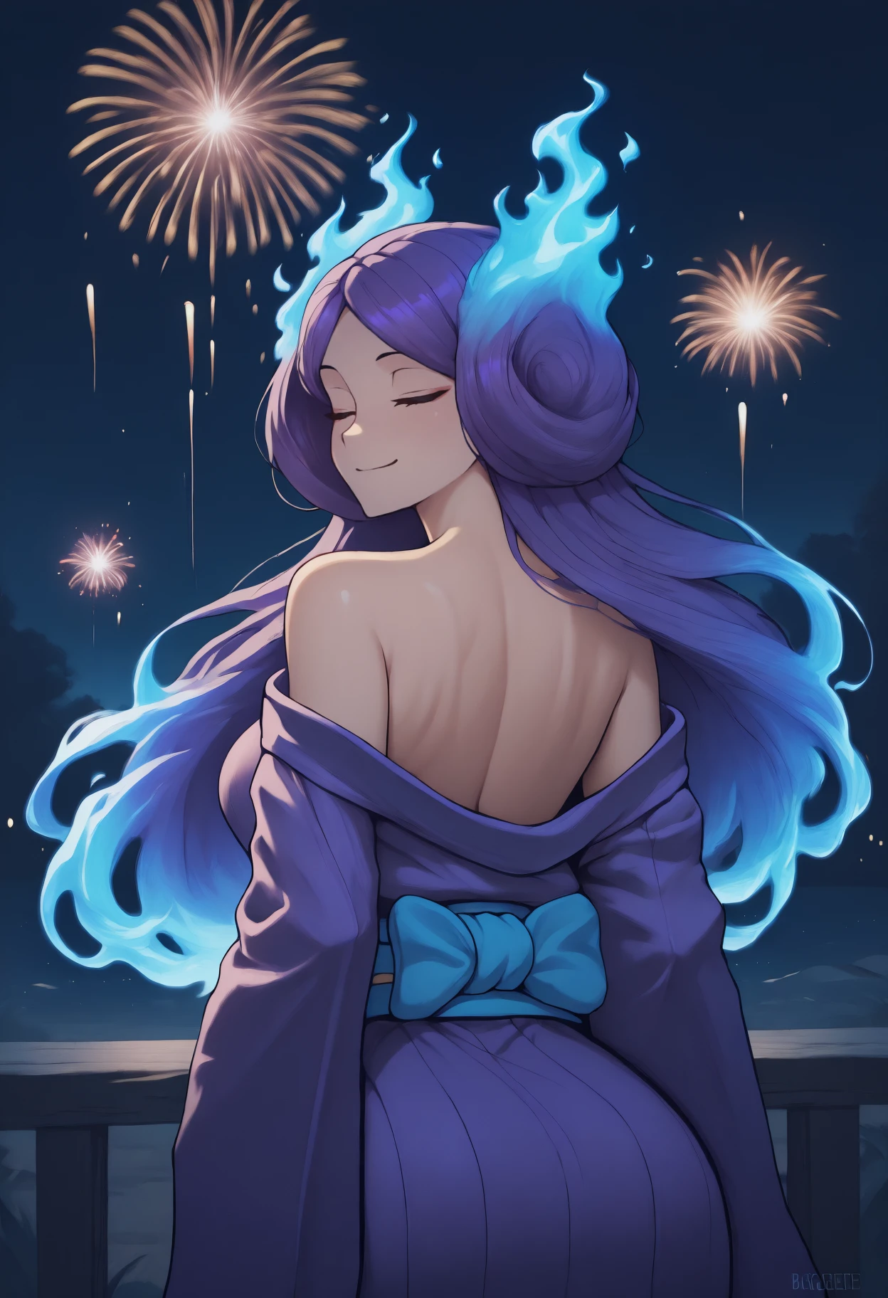 anime, masterpiece, best quality, from behind, solo, 1girl, brgddef, smile, looking back, purple hair, fiery hair, blue fire, closed eyes, japanese clothes, purple kimono, off shoulder, blue sash, bare shoulders, outdoors, night, fireworks
<segment:yolo-Anzhc Face seg 640 v2 y8n.pt,0.4,0.5//cid=1>