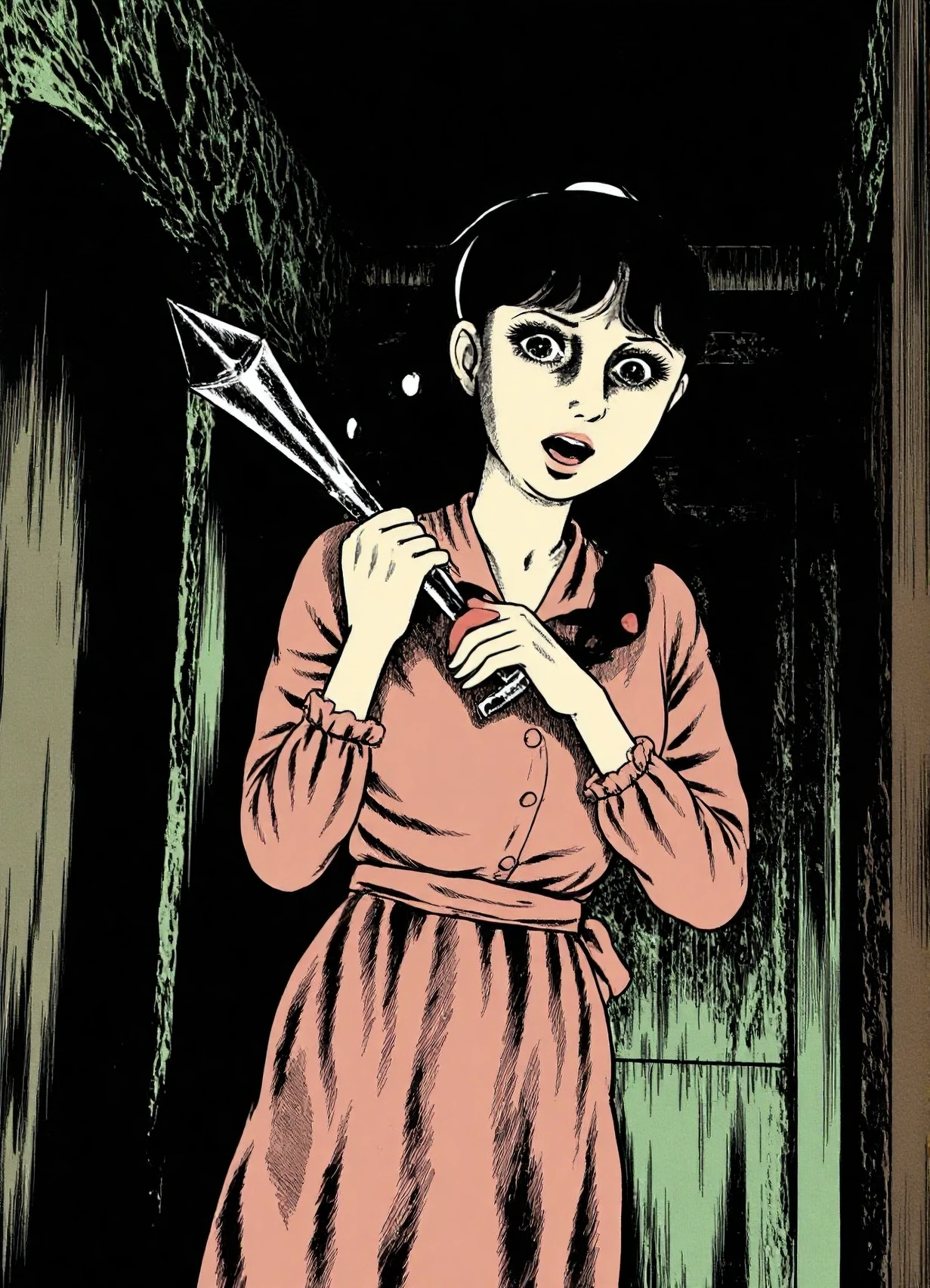 in the style of kazuoumezu ,A black and white manga drawing of a screaming girl with a rope around her neck hanging from the ceiling of a room