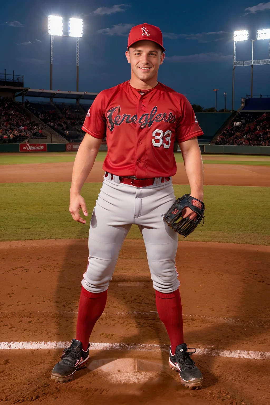 early evening, blue sky, (baseball field), stadium lighting, standing, JamesRyder, smiling, baseballplayer, dark red baseball uniform, dark red jersey, wearing dark red baseball cap, (gray pants), dark red socks, (baseball mitt), ((full body portrait)), <lora:Clothing - Sexy Baseball Player:0.65>   <lora:JamesRyder:0.8>