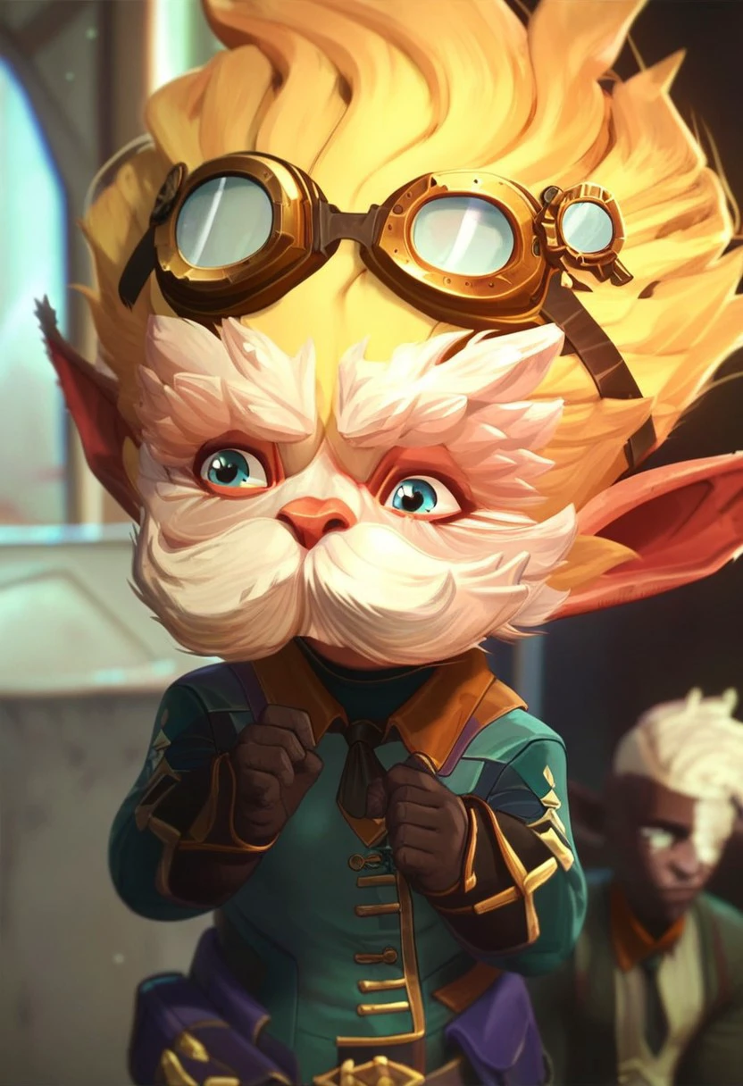 score_9, score_8_up, score_7_up, score_6_up,  
h31m3rd1ng3r ,Heimerdinger ,Heimerdinger /(league of legends arcane/), short hair, bangs, blue eyes, blonde hair, shirt, gloves, long sleeves, 1boy, jacket, white hair, male focus, earrings, multiple boys, necktie, solo focus, pointy ears, black gloves, collared shirt, indoors, 2boys, blurry, black jacket, hands up, blurry background, facial hair, goggles, black necktie, beard, brown gloves, goggles on head, mustache, yordle ,/(league of legends arcane/)