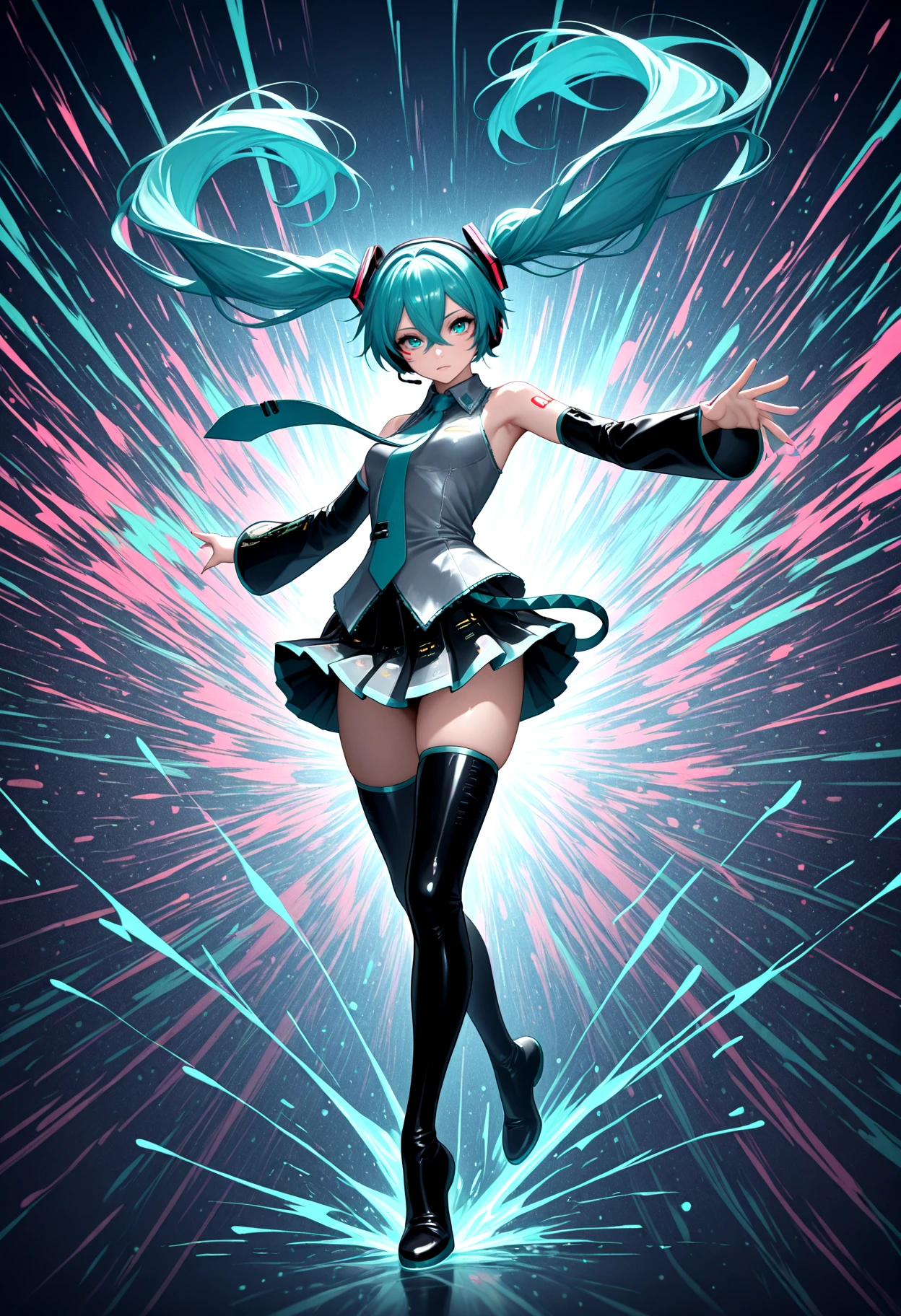 Techwear fashion, 1girl, looking at viewer, hatsune miku, aqua eyes, aqua hair, crossed bangs, hair between eyes, hair ornament, headphones, long hair, twintails, aqua necktie, black footwear, black skirt, black sleeves, boots, collared shirt, detached sleeves, grey shirt, necktie, pleated skirt, shirt, skirt, sleeveless, sleeveless shirt, thigh boots, tie clip, dynamic pose, colorful background, artistic background, splash of glowing paint, thrown paint, magical glow, futuristic, cyberpunk, urban, tactical, sleek, dark,
masterpiece, best quality, amazing quality, very aesthetic, absurdres, newest