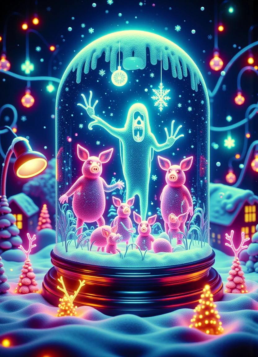 Whimsical DonM 3D Christmas ghoul figures amidst a vibrant snow globe scene with animated heat miser, surrounded by glowing desk lamps and a sprawling display of twinkling neighborhood Christmas lights, featuring pigs in a blanket "merry Christmas!" style, set against a backdrop of sparkling and festive tranquil serene winter wonderland.