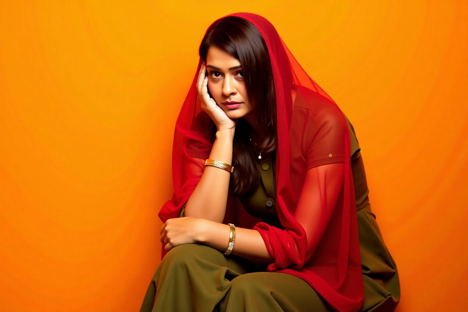 payalrajputukohwx seated against a vibrant, bold, solid orange-yellow wall.  Medium-toned skin, shoulder-length brown hair, and a serious, thoughtful expression.  She wears a flowing, olive-green Indian-style garment, potentially a salwar kameez, with a vibrant crimson, sheer scarf draped over her head, obscuring her face partially.  Visible are delicate golden-toned bracelets on her forearms, giving a sense of cultural detail. The lighting is soft, casting subtle shadows around her. The image has a studio portrait aesthetic.  Muted, soft tones in a simple composition.  The  scarf texture is smooth, sheer fabrics.  The color palette is limited to a few key colors; a focused composition of solid color backdrop and the attire/scarf.  The overall mood is evocative, melancholic, and introspective.  The light source is seemingly studio-focused and directional, not harsh, producing soft yet defined shadows emphasizing the figure.  The portrait style evokes a sense of quiet contemplation, captured in a candid moment.
