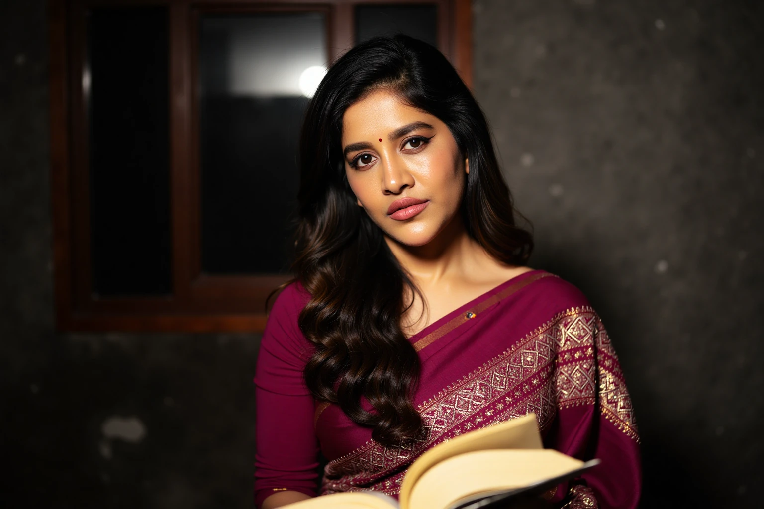 Close-up portrait of nabhanateshukohwx  with a serious and contemplative expression.  Her ethnicity is South Asian.  She is wearing a deep crimson/burgundy sari with a cream-colored, intricate pattern featuring zig-zag and geometric designs.  The sari drapes elegantly around her body. The woman has long, dark brown/black hair styled in loose waves. Her complexion is light brown. She has a light red bindi on her forehead.  Her makeup is subtle, enhancing her natural features. Her eyes are looking directly at the camera with a thoughtful, thoughtful expression. She holds a book in her hands, its beige pages slightly visible.  The setting is a dimly lit indoor space, with a window visible in the background, suggesting natural light. The background is a rich, muted charcoal gray-brown color, creating a dramatic yet soft contrast against the woman's vibrant sari.  The overall lighting is gentle and focused on the subject, casting no harsh shadows. The perspective is a slightly low angle close-up. The composition is centered on the subject, with subtle defocus on the background elements behind her.  The mood is contemplative and intense, conveying a sense of introspection and quiet elegance.
