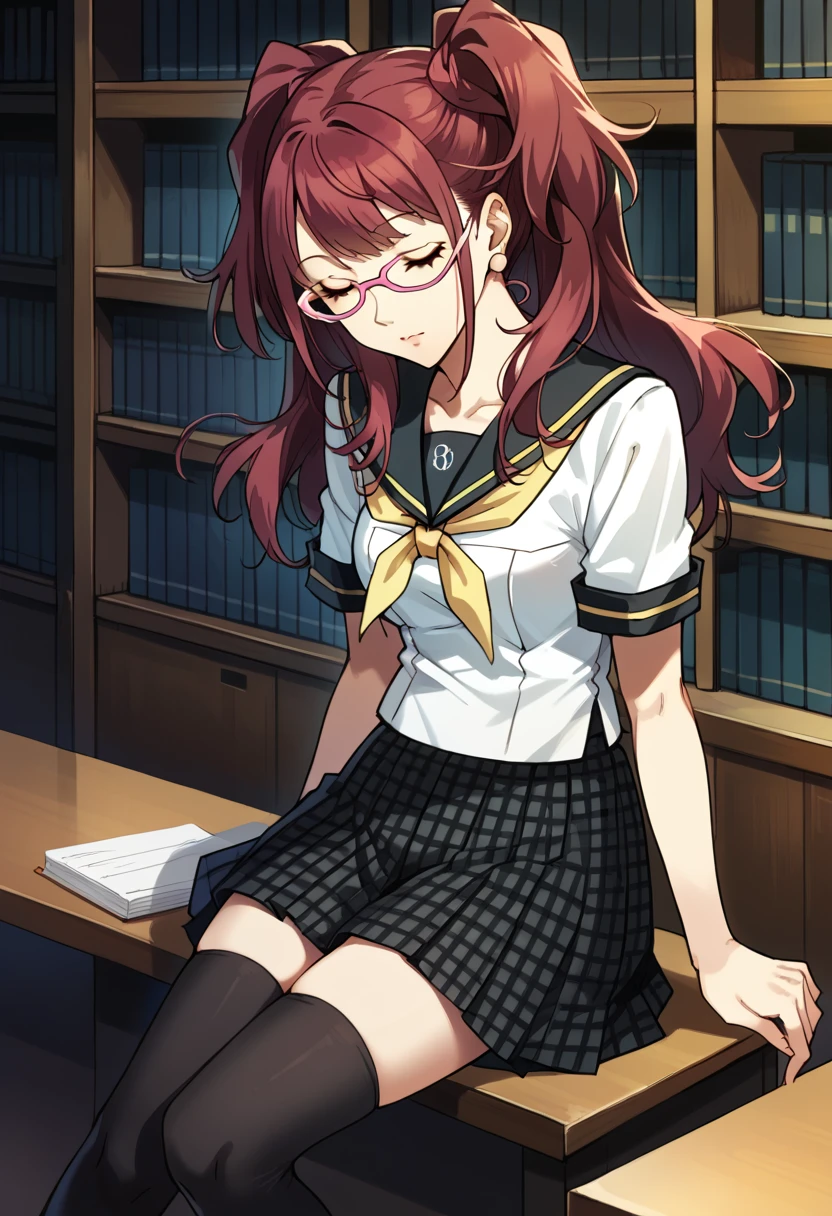 score_9, score_8_up, score_7_up, (source_anime), 1 girl, solo, nsfw, cute face,
p4rise, kujikawa rise, twintails, long hair, red hair, brown eyes, earrings, 
school uniform, serafuku, yasogami school uniform, skirt, houndstooth skirt, thighhighs, black thighhighs, zettai ryouiki, pink-framed eyewear,
library, sleeping, sitting,
masterpiece, best quality, ultra detailed, absurdres, very aesthetic