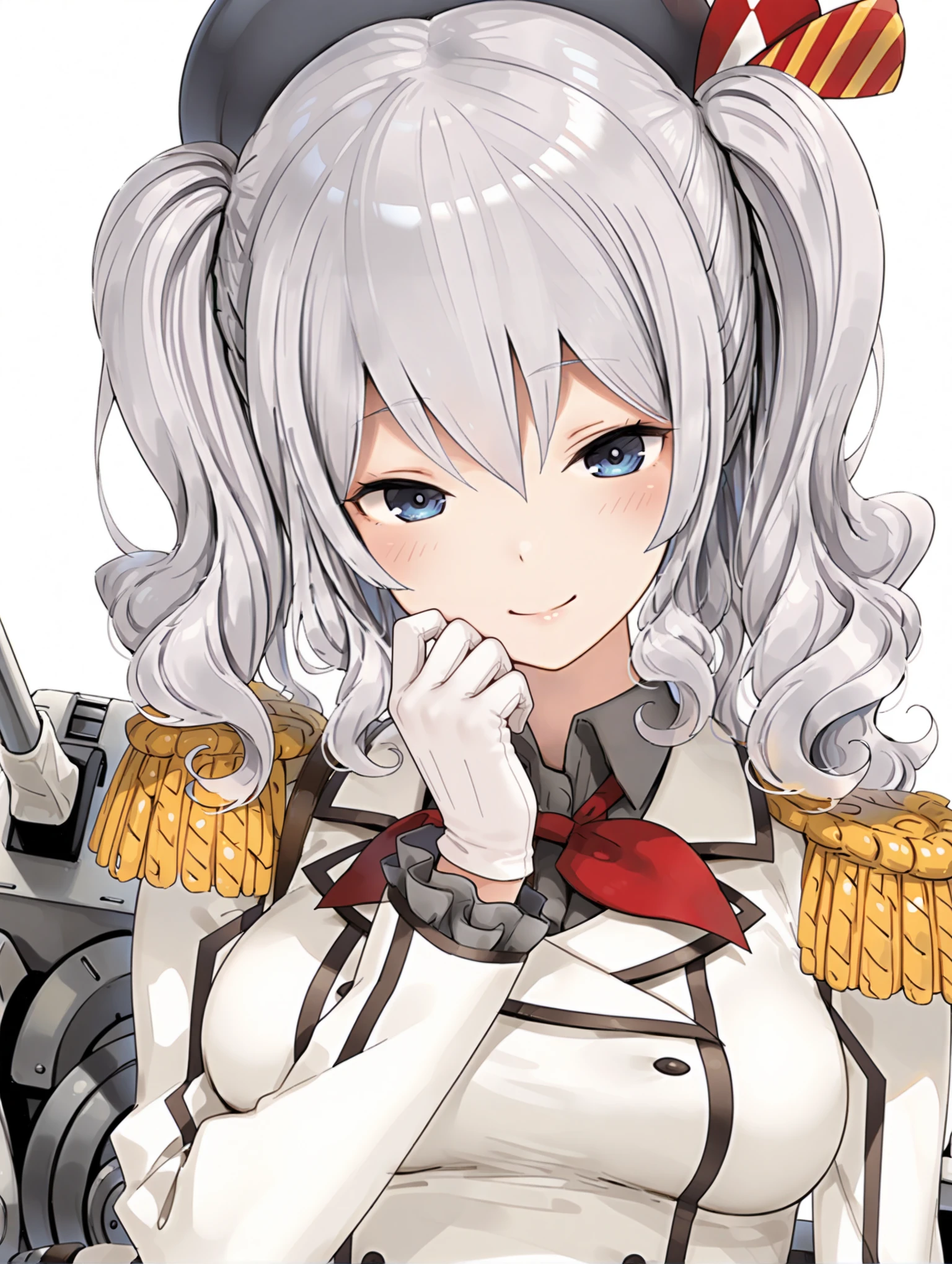 masterpiece,best quality,amazing quality,1girl,solo,
<lora:kashima_ilxl_v1.1:1>,kashima,k_hat,k_clothes,k_ro,machinery,turret,
<lora:Fixhands_anime_bdsqlsz_V1:1>,looking_at_viewer,upper_body,face_focus,dynamic_angle,cinematic_angle,smile,light_blush,white_background,simple_background,hand to own mouth,