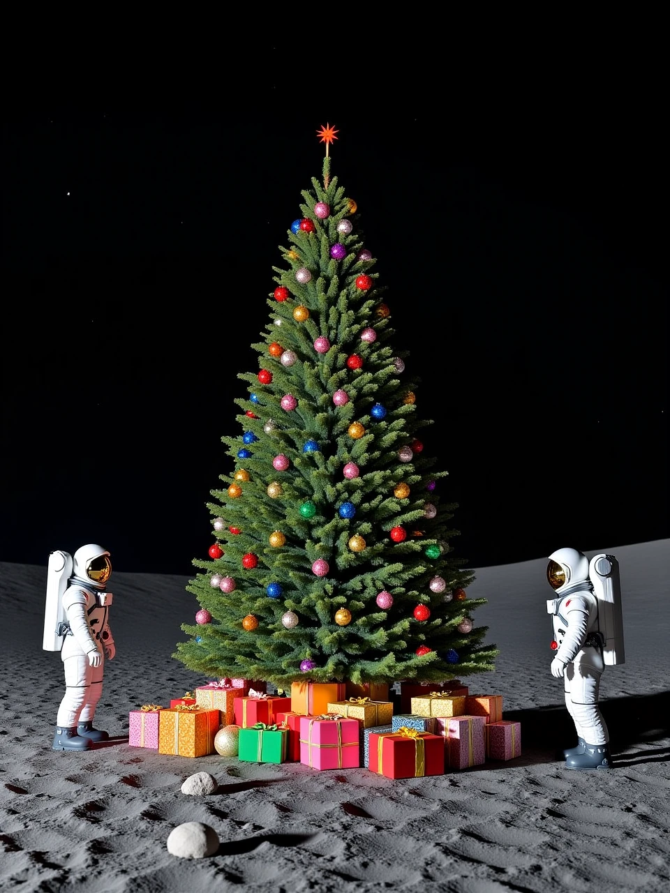 This is a photo taken on the surface of the moon of a tall Christmas tree covered with colorful lights and various Christmas decorations, a pile of colorful gift boxes under the tree, and the tree in a barren patch of lunar soil and meteorites next to astronauts and astronaut-driven lunar rovers.
coh24,Christmas tree.